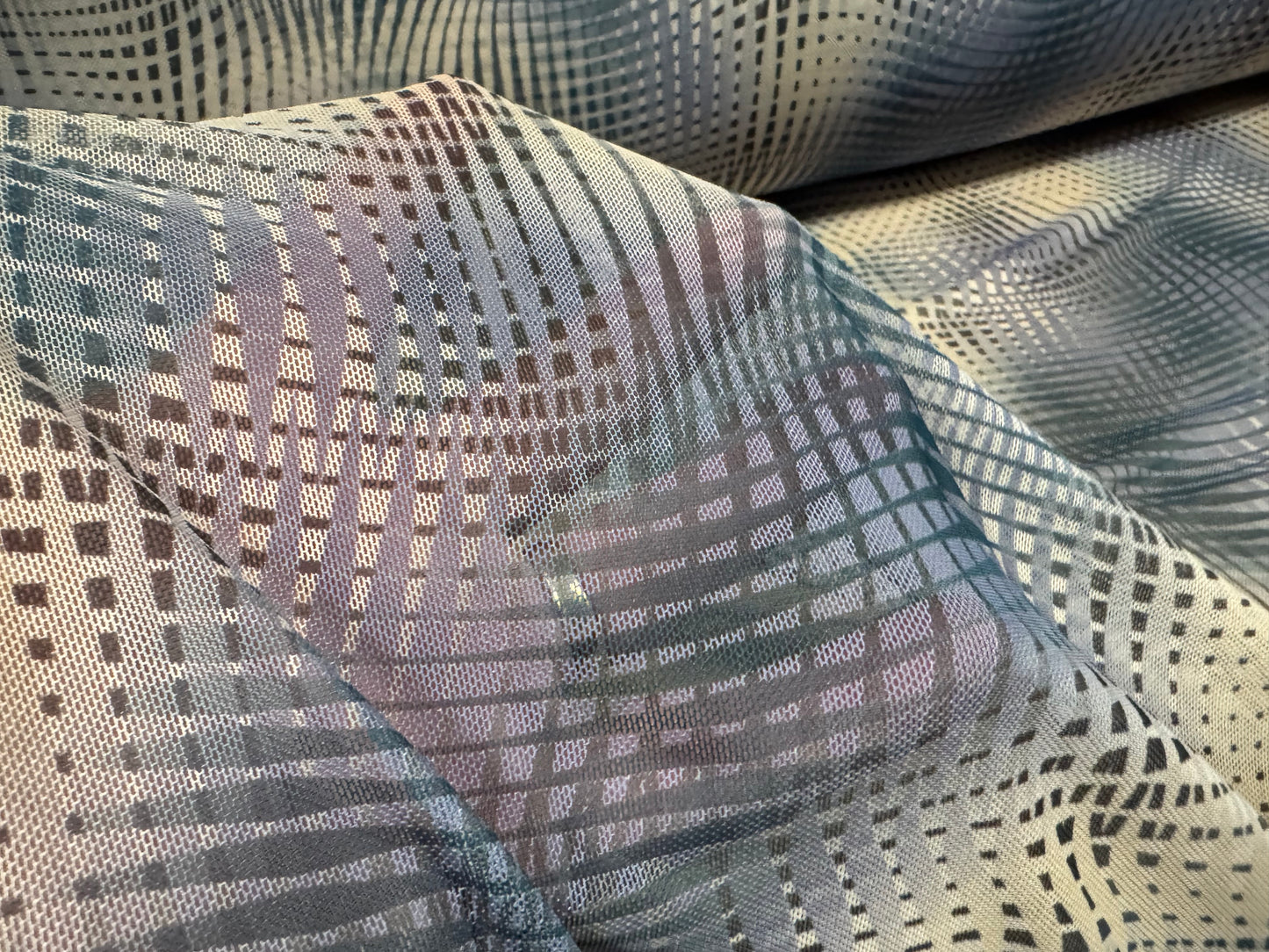 Power mesh net stretch spandex fabric, per metre - psychedelic swirl print - blue & cream