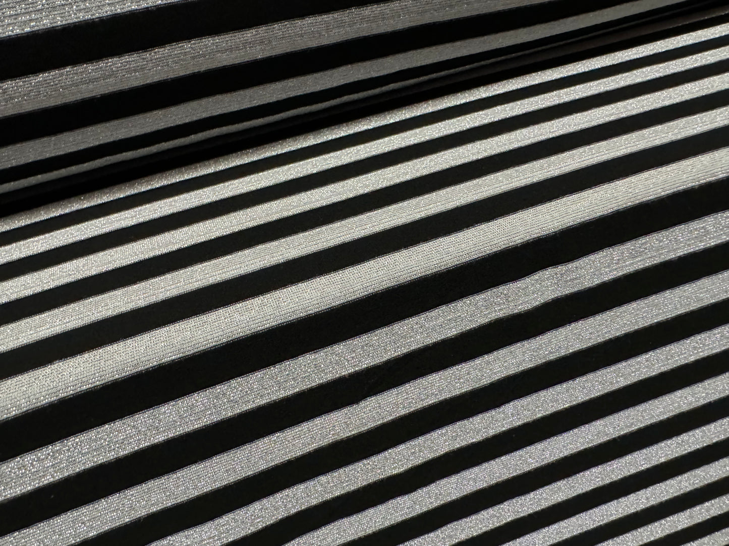 Metallic stretch single jersey fashion fabric, per metre - striped - black with silver lurex