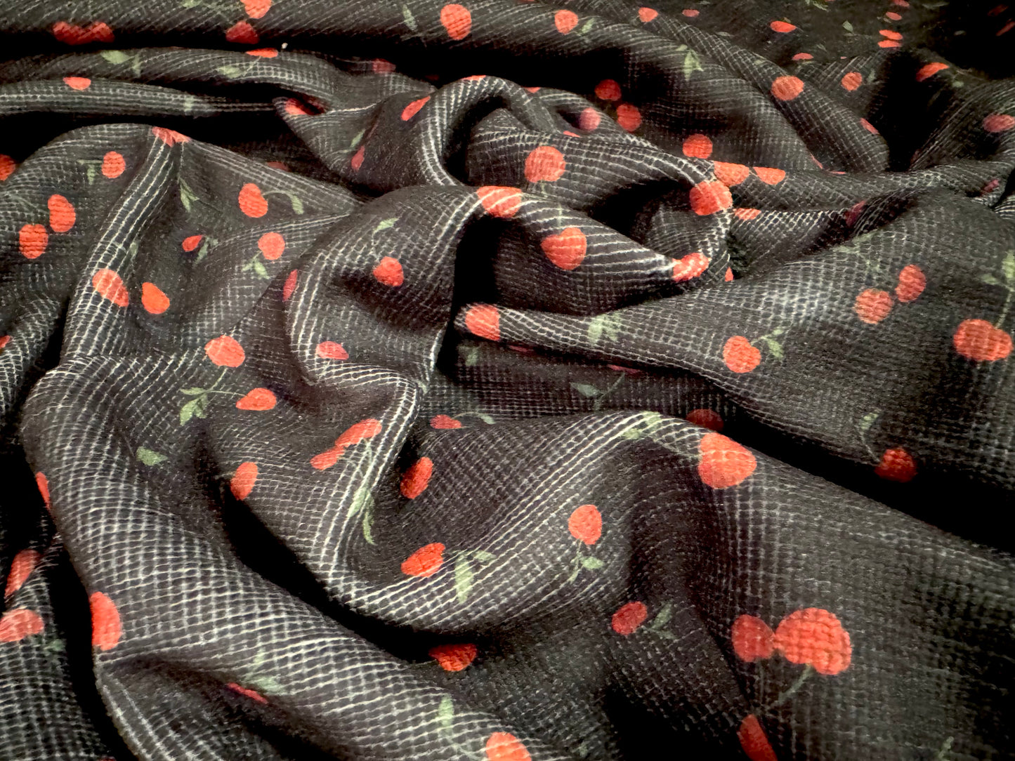 Chenille soft furnishing upholstery fabric, per metre - cherry print - black & red