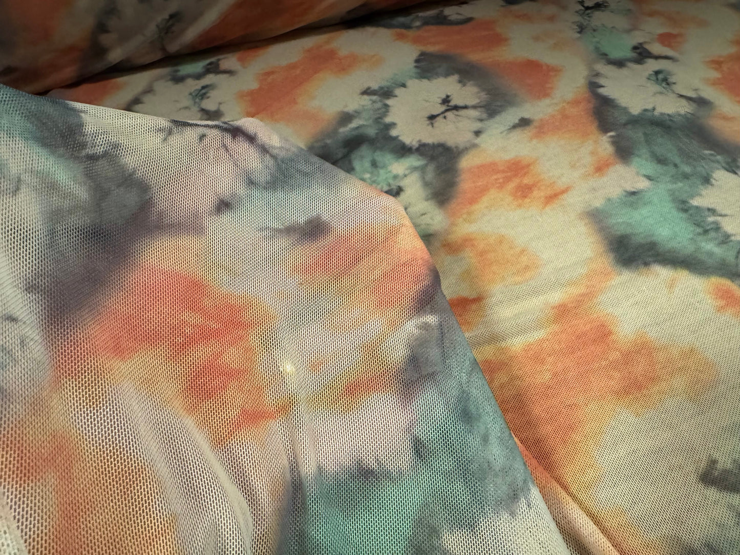 Power mesh net stretch spandex fabric, per metre - smudge floral print - peach & teal