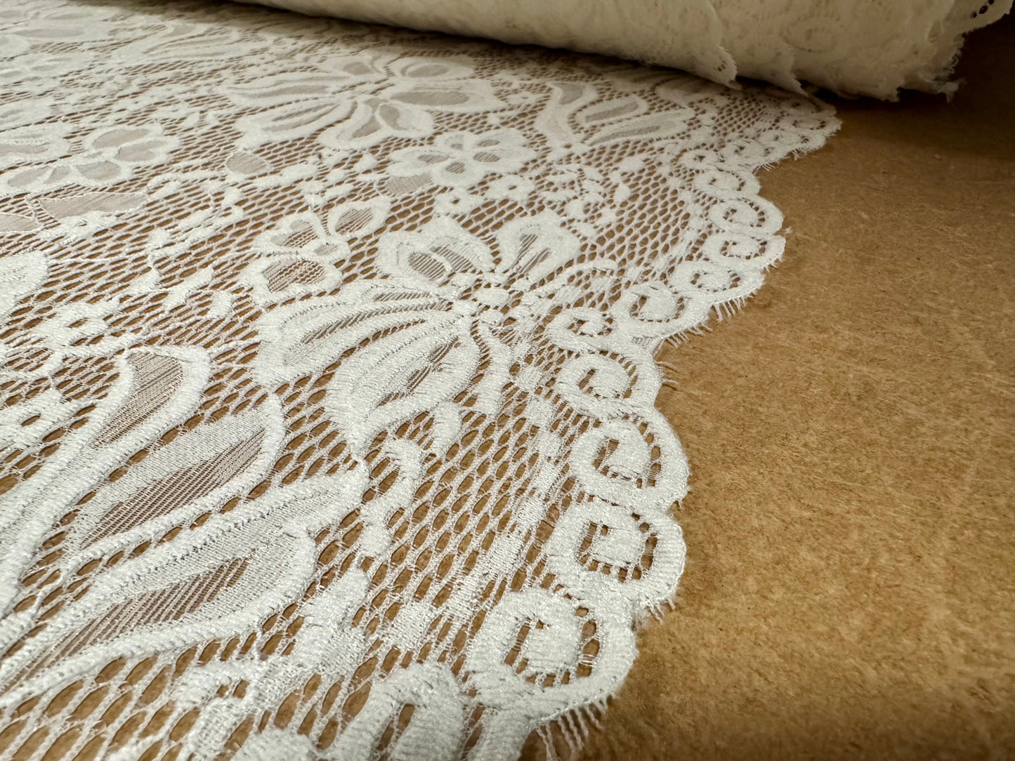 Soft stretch lace dress fabric, per metre - scalloped selvedge - flower design - cream
