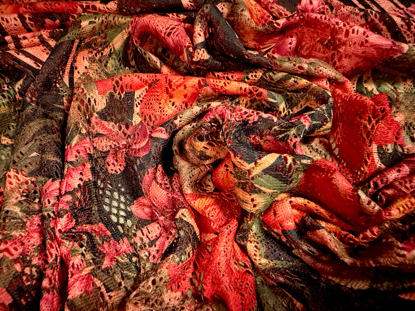 Soft handle crochet lace knit fabric, per metre - diamond floral print - pink & black