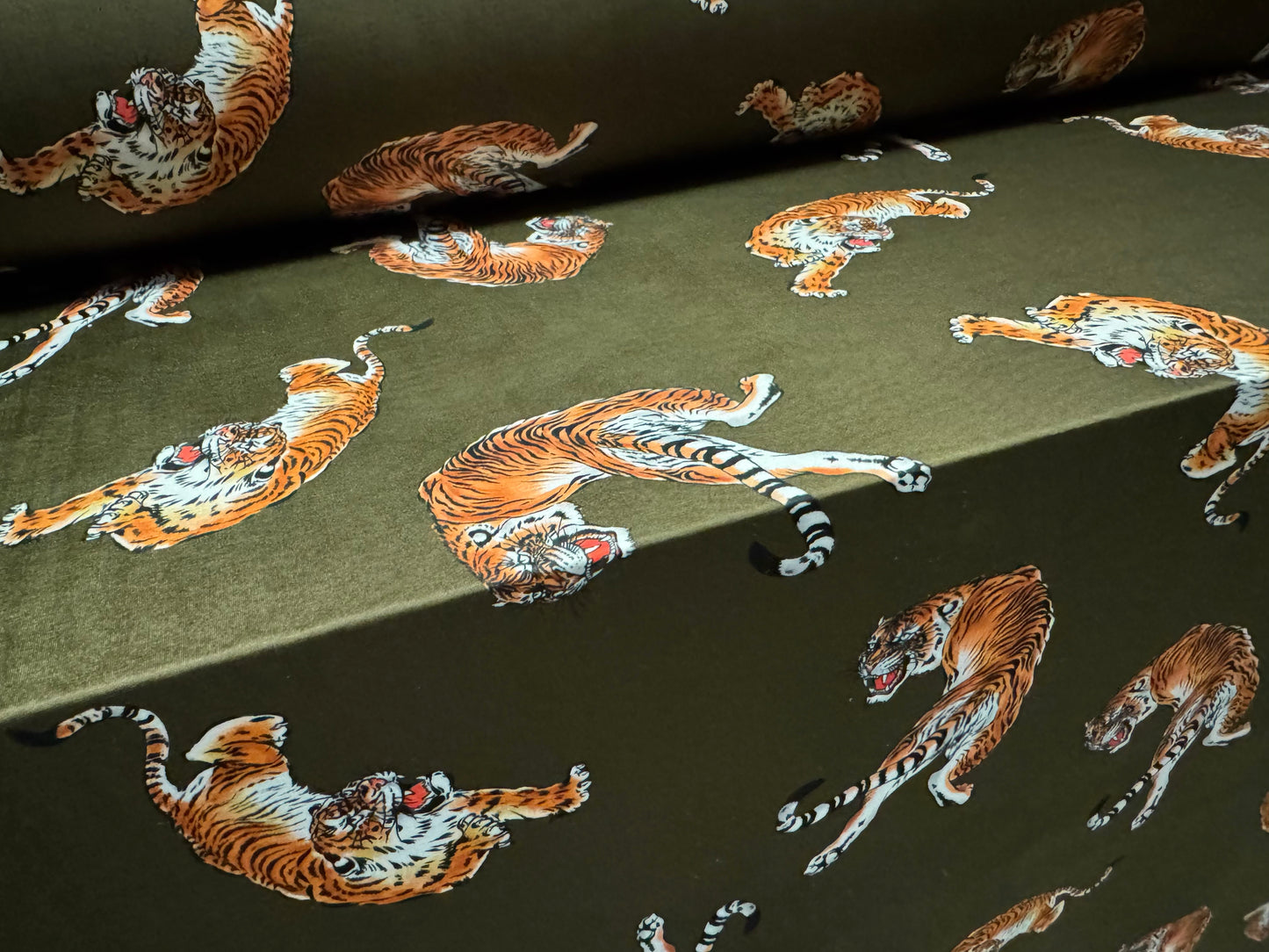 Soft touch stretch spandex single jersey fabric, per metre - tiger print - khaki & orange
