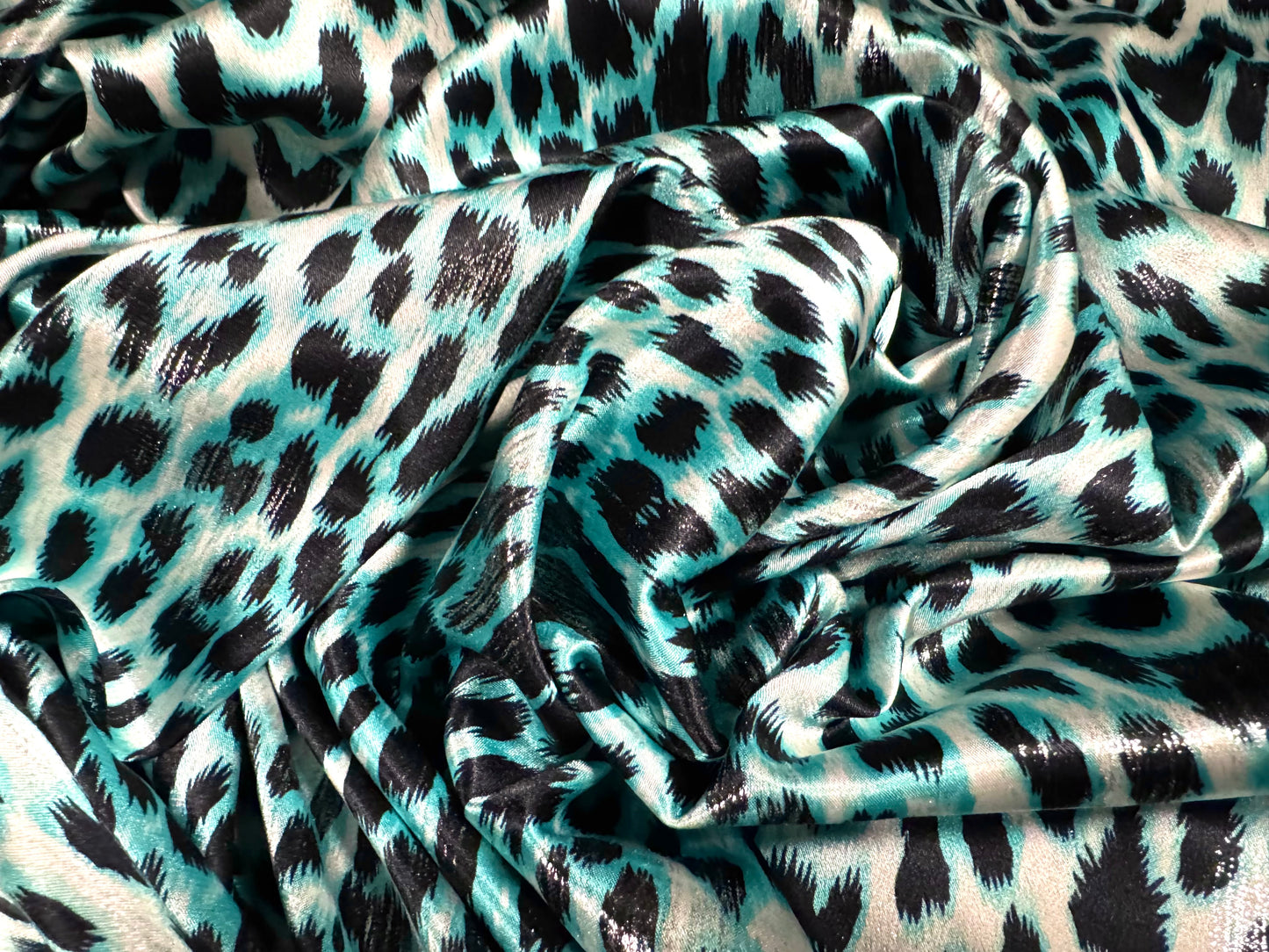 Metallic charmeuse satin dress fabric, per metre - Leopard print - turquoise