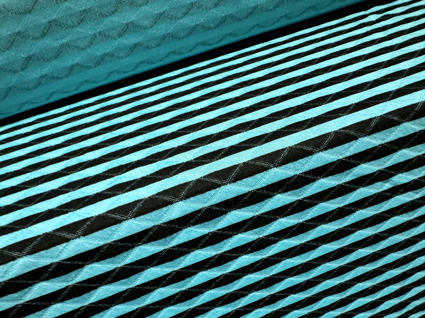 Double jersey stretch fashion fabric, per metre- mock quilted stripe - turquoise blue & black
