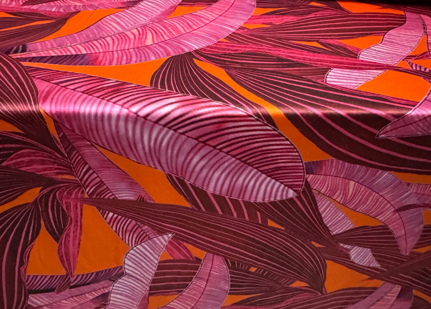 Dulled Satin woven dress fabric, per metre - leaves print - pink & orange