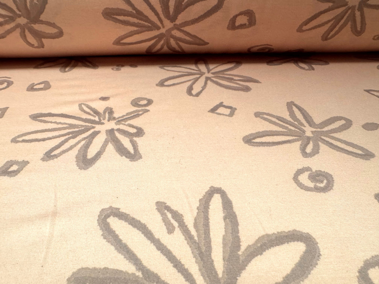 Stretch spandex interlock jersey fabric, per metre - floral sketch print - pale pink & grey