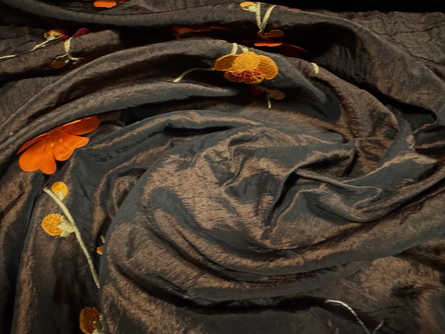 Taffeta faux silk fabric, per metre - embroidered blossom appliqué border - dark brown