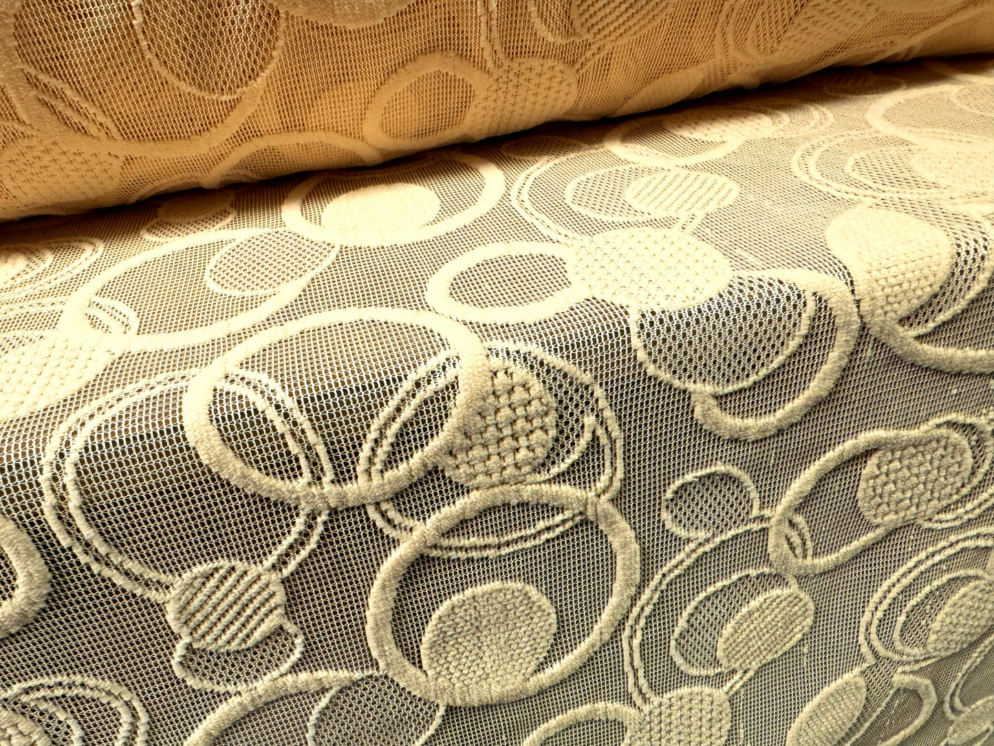 Heavyweight flocked mesh fabric, per metre - rings & circles - cream