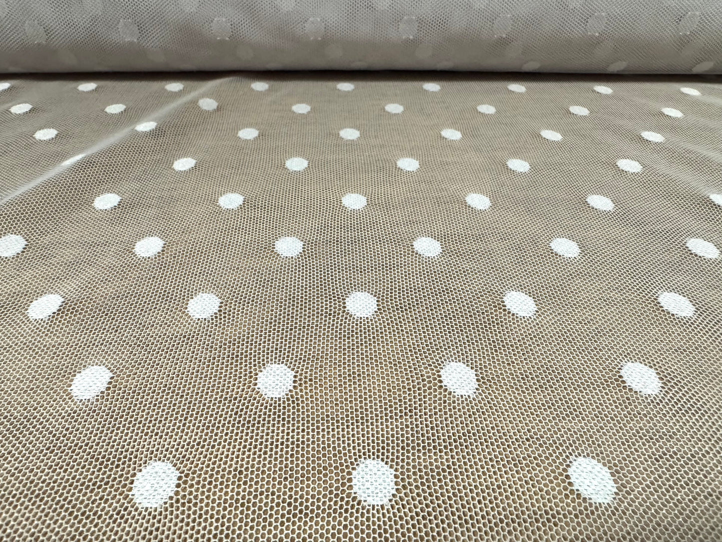 Stretch spandex mesh net fabric, per metre - polka dot - white on white