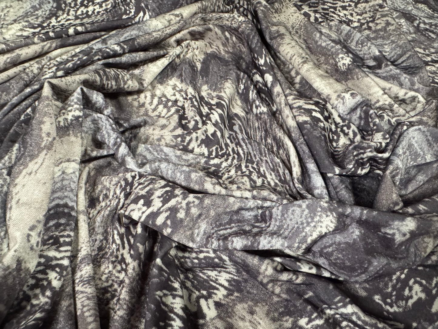 Soft touch stretch spandex single jersey fabric, per metre - abstract print - grey