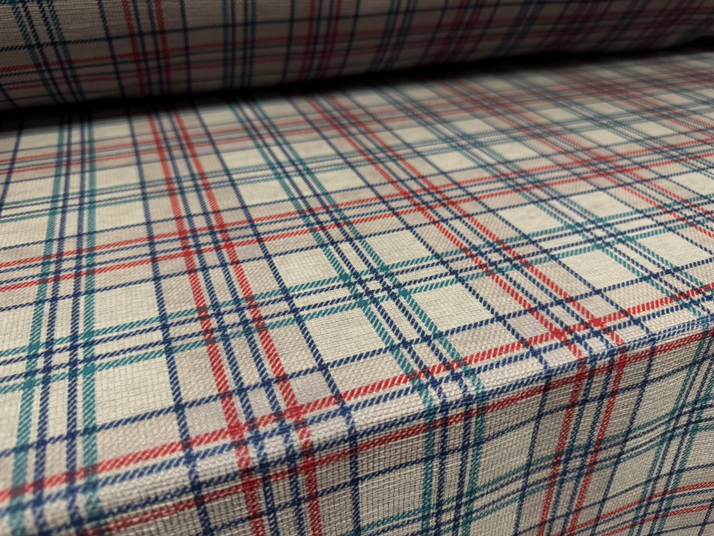 Chenille upholstery fabric, per metre - plaid check print - stone red & emerald