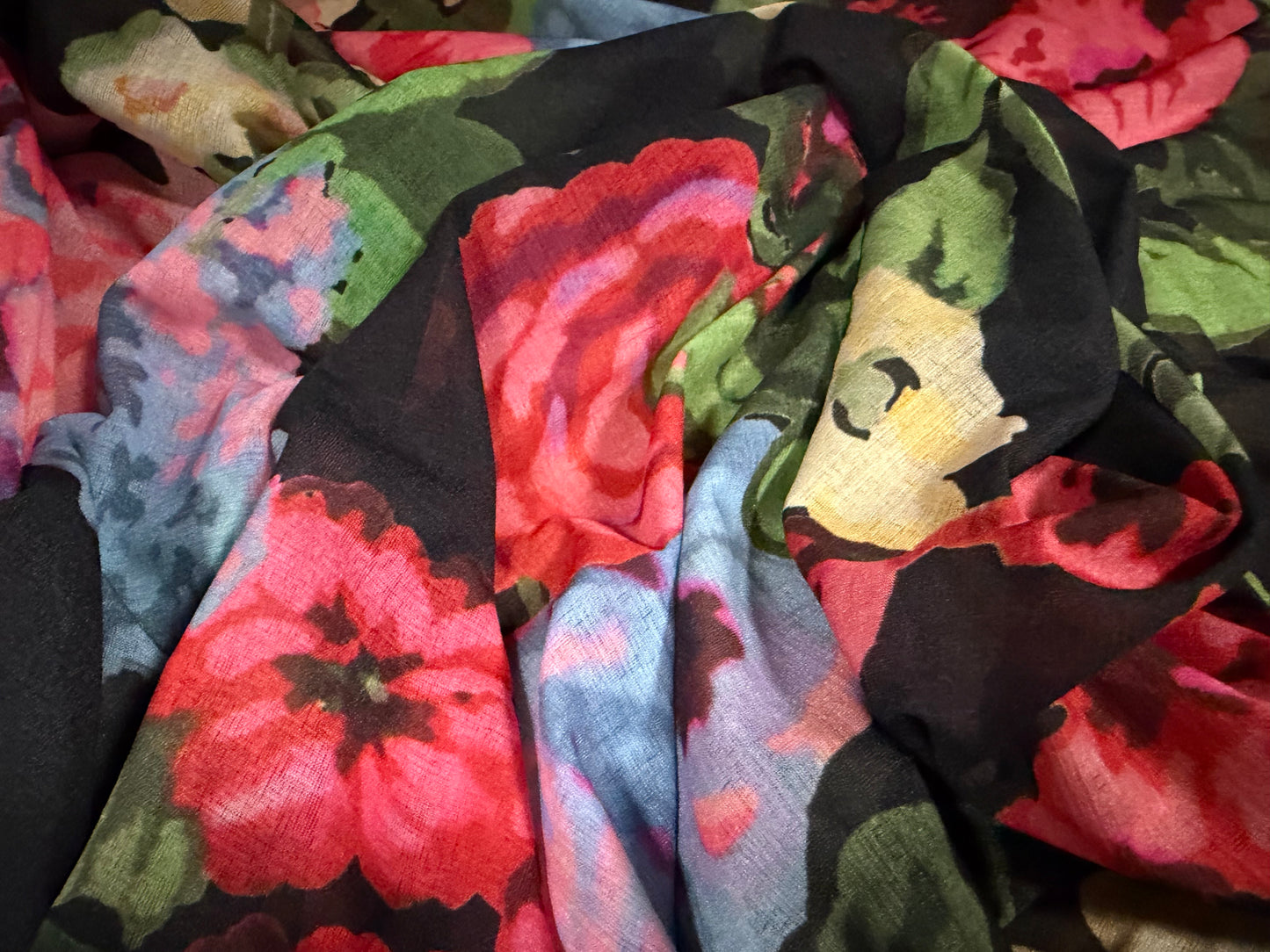 Stretch chiffon jersey fashion fabric, per metre - floral print - black & pink