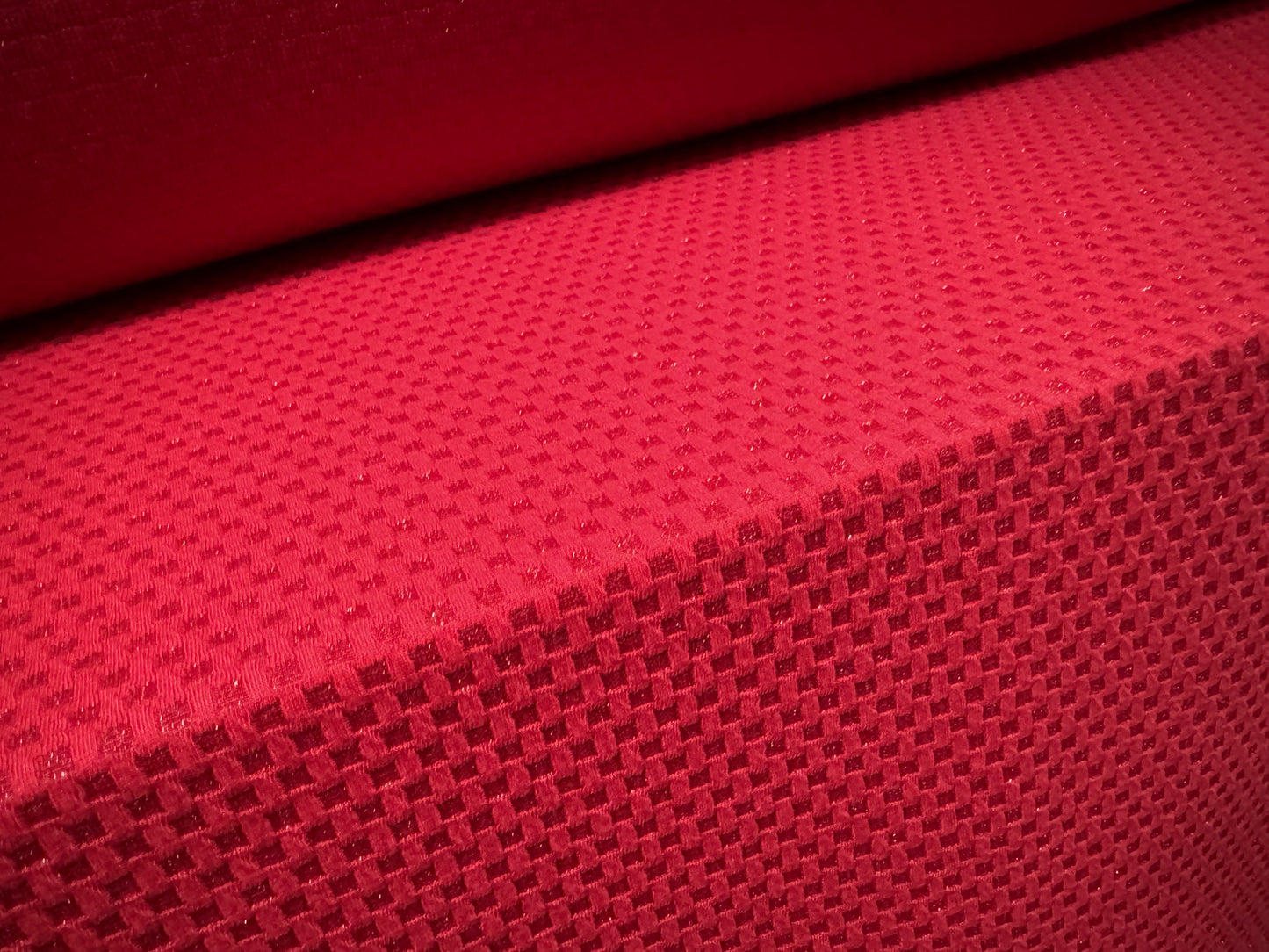 Metallic stretch double jersey fashion fabric, per metre - geometric jacquard - red with silver lurex