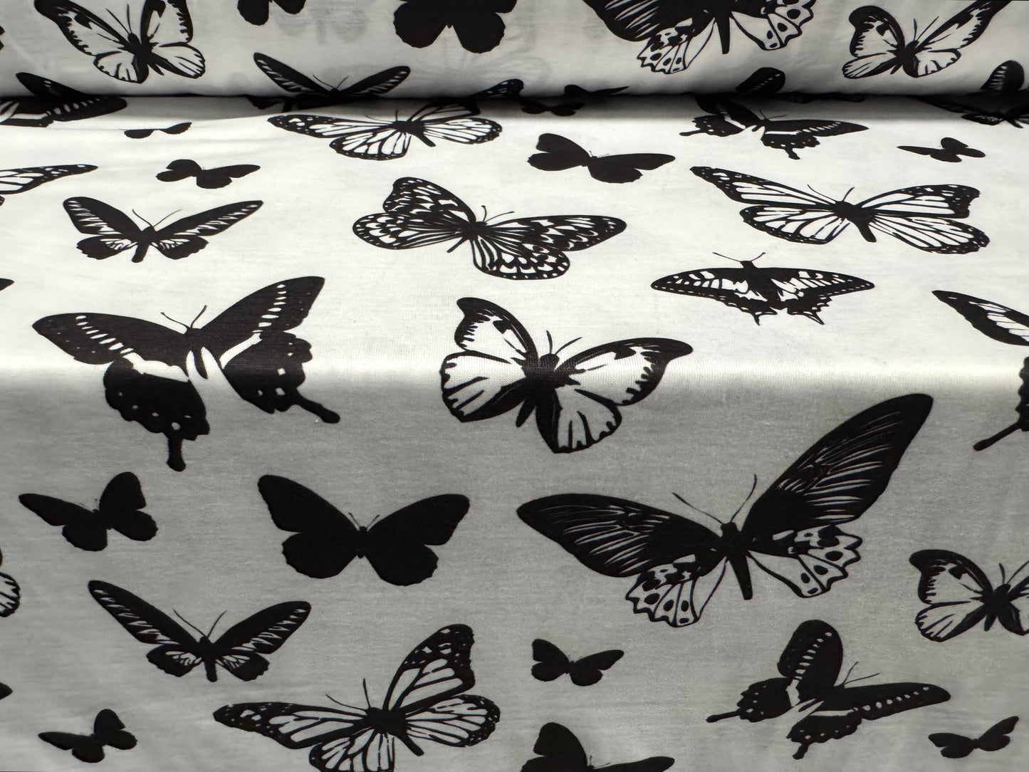Soft handle stretch single jersey fabric, per metre - butterflies print - black & white