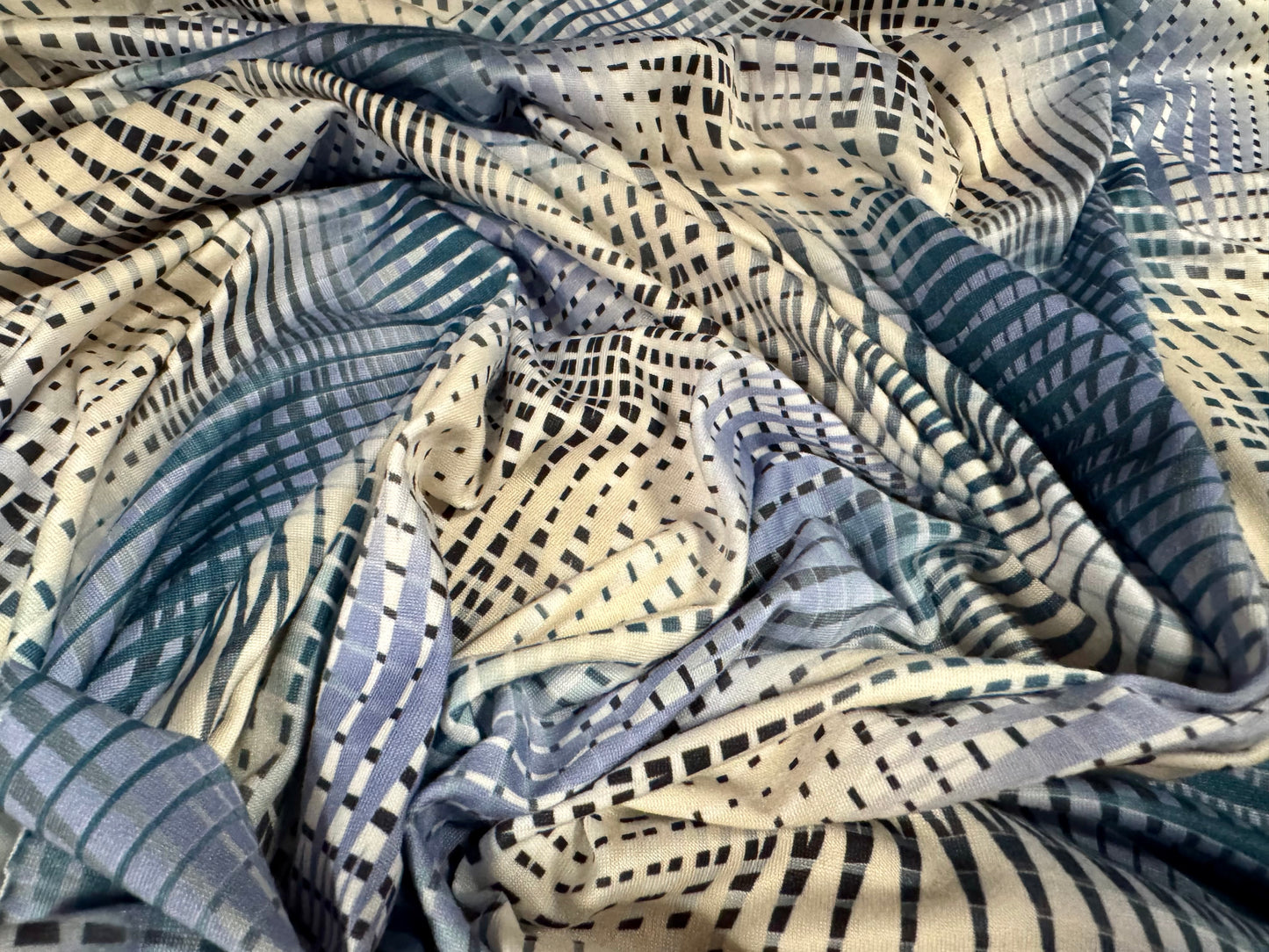 Soft handle stretch single jersey fashion fabric, per metre - psychedelic print - blue & cream
