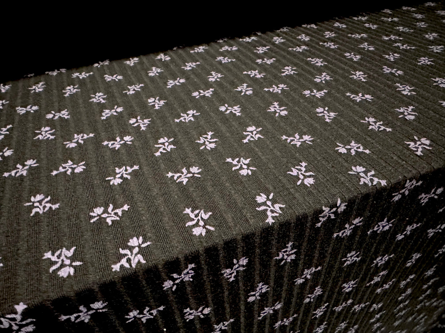 Stretch spandex rib jersey fabric, per metre - floral ditsy print - black & lilac