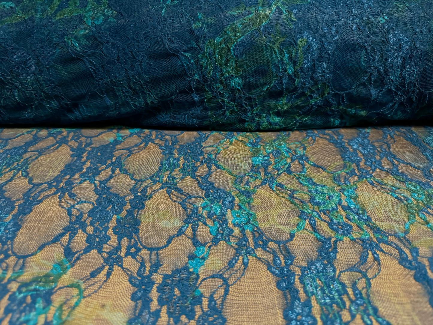 Stretch spandex mesh lace fabric, per metre - dragon print - blue & green