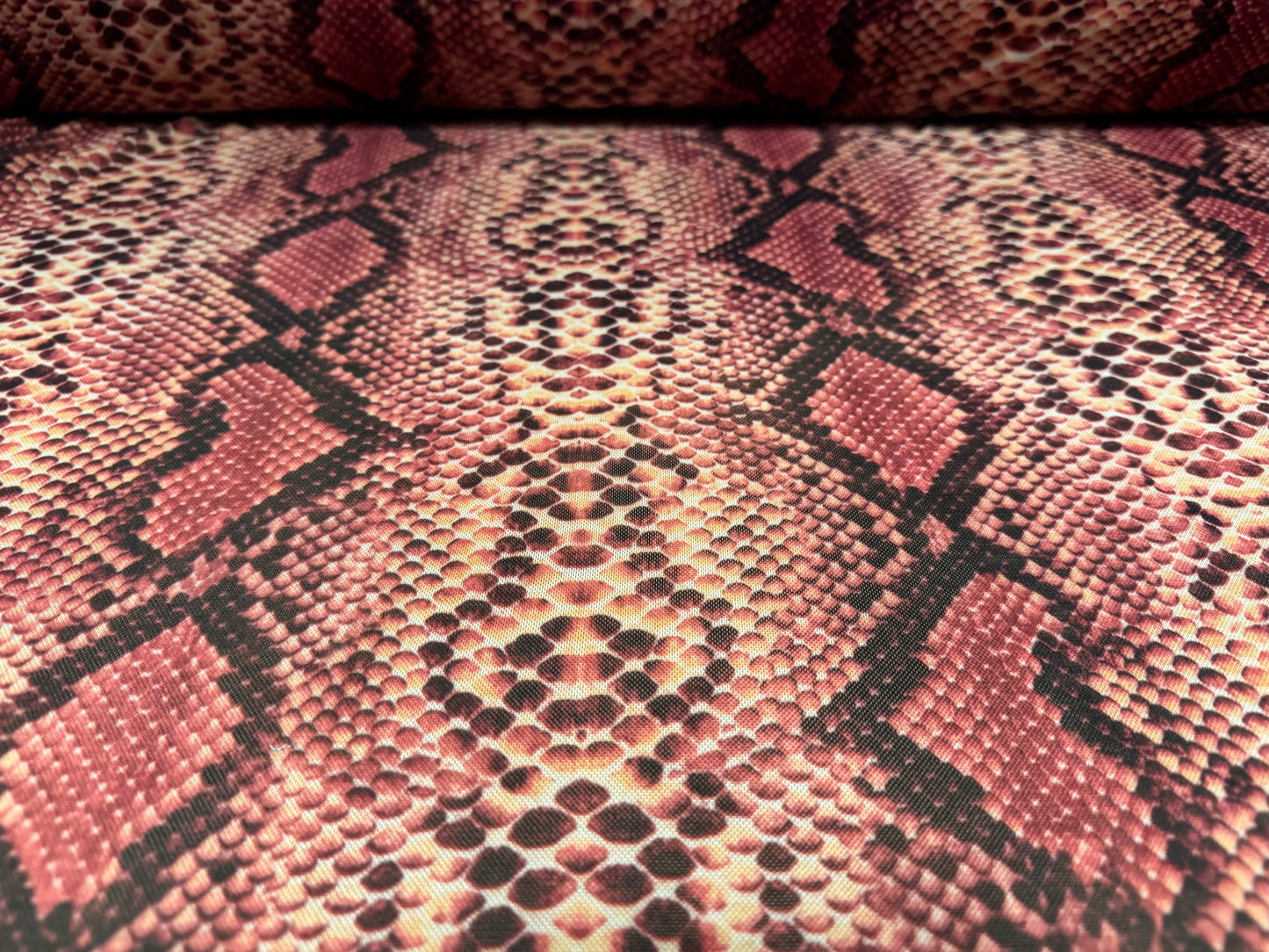 Power mesh net stretch spandex fabric, per metre - snake skin animal print - berry