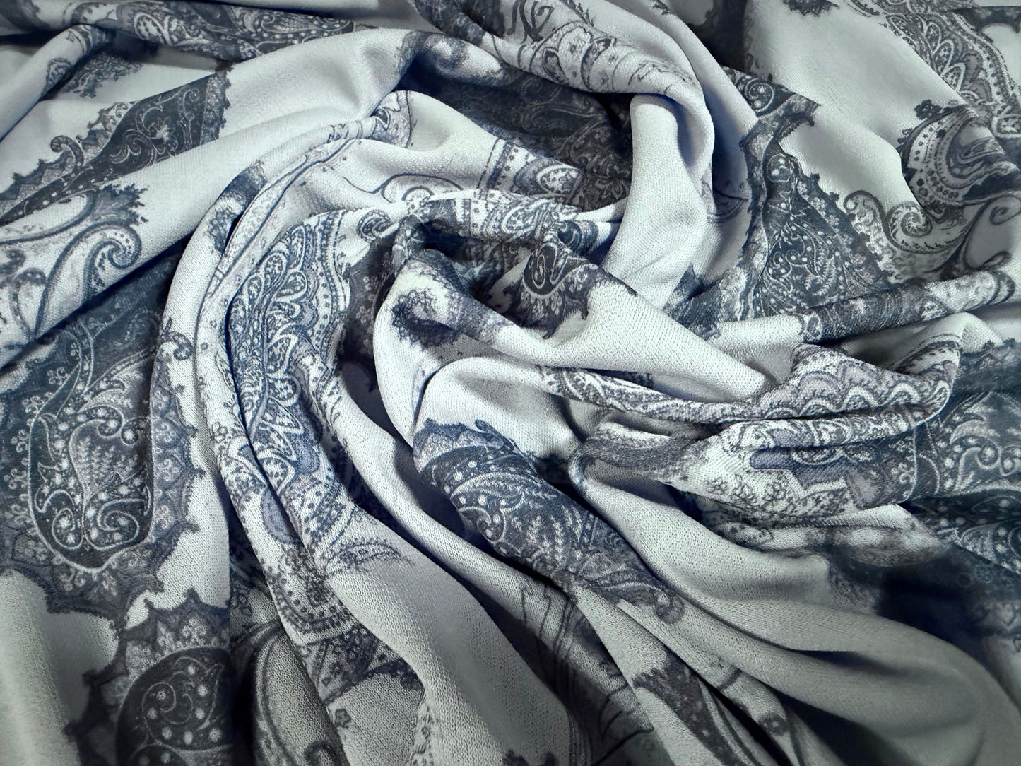 Crepe single jersey fabric, per metre - paisley print - pale blue
