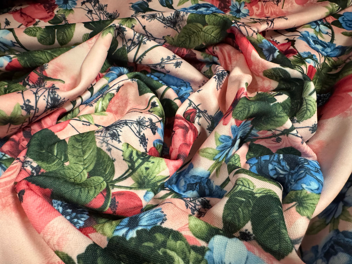 Piqué double jersey fabric, per metre - wild rose print - pink & blue