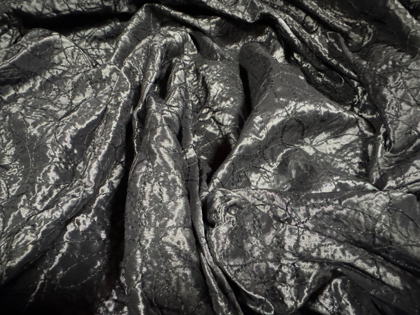 Taffeta faux silk fabric, per metre - floral stitch embroidery - gunmetal