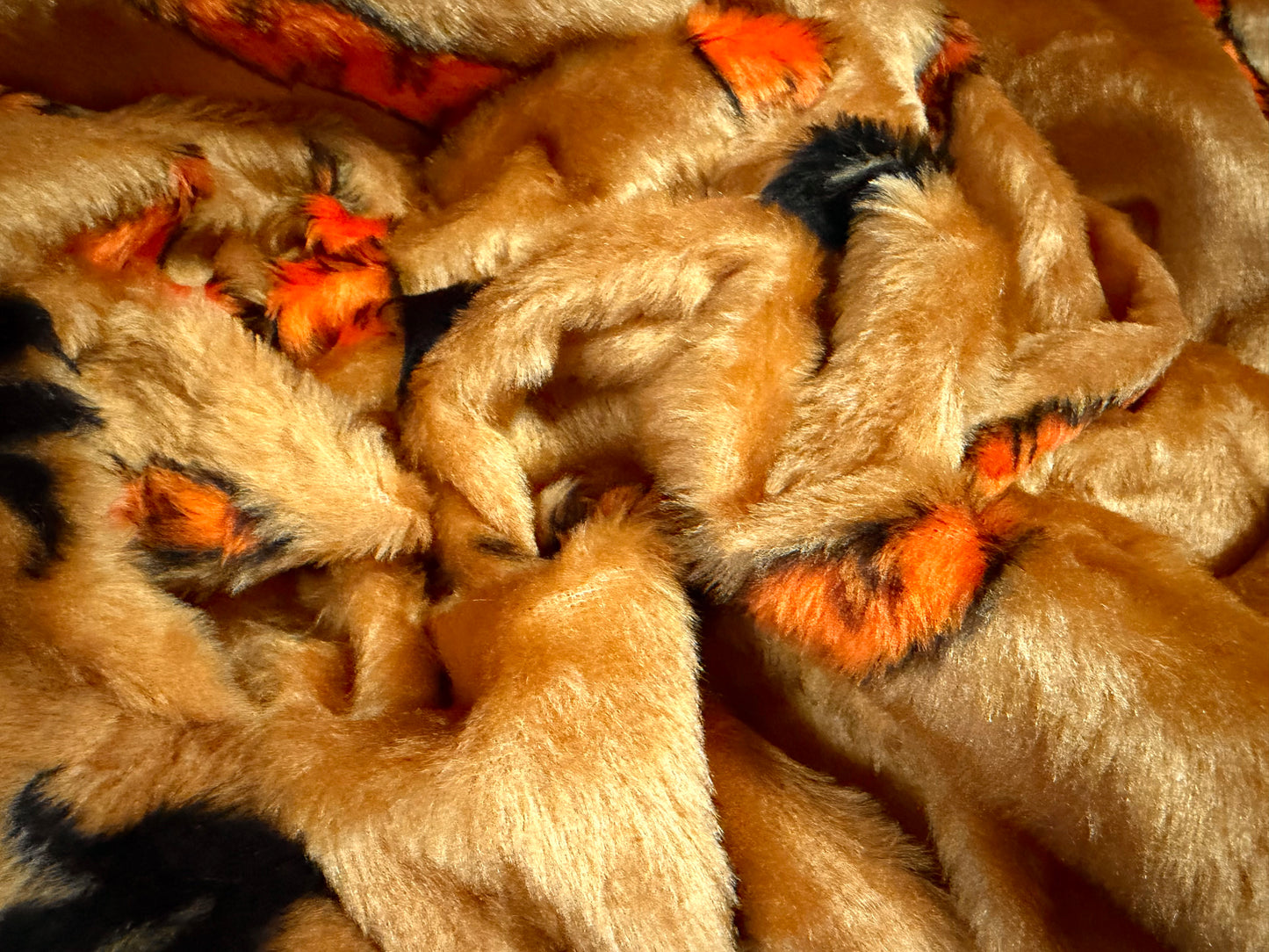 Faux fur fabric, per metre - carrot novelty print - orange & gold