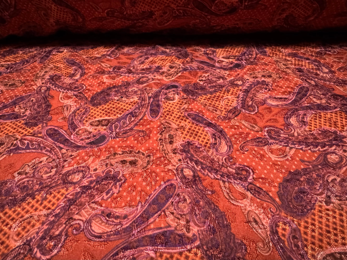 Stretch spandex jersey jacquard fabric, per metre - paisley print - burnt orange & purple