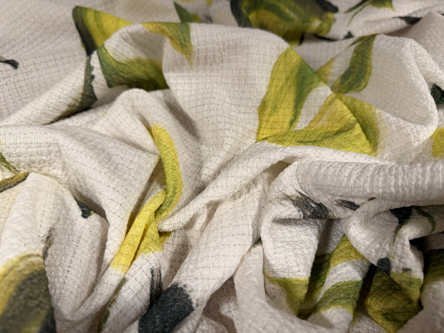 Stretch waffle weave fabric, per metre - limes print - ivory