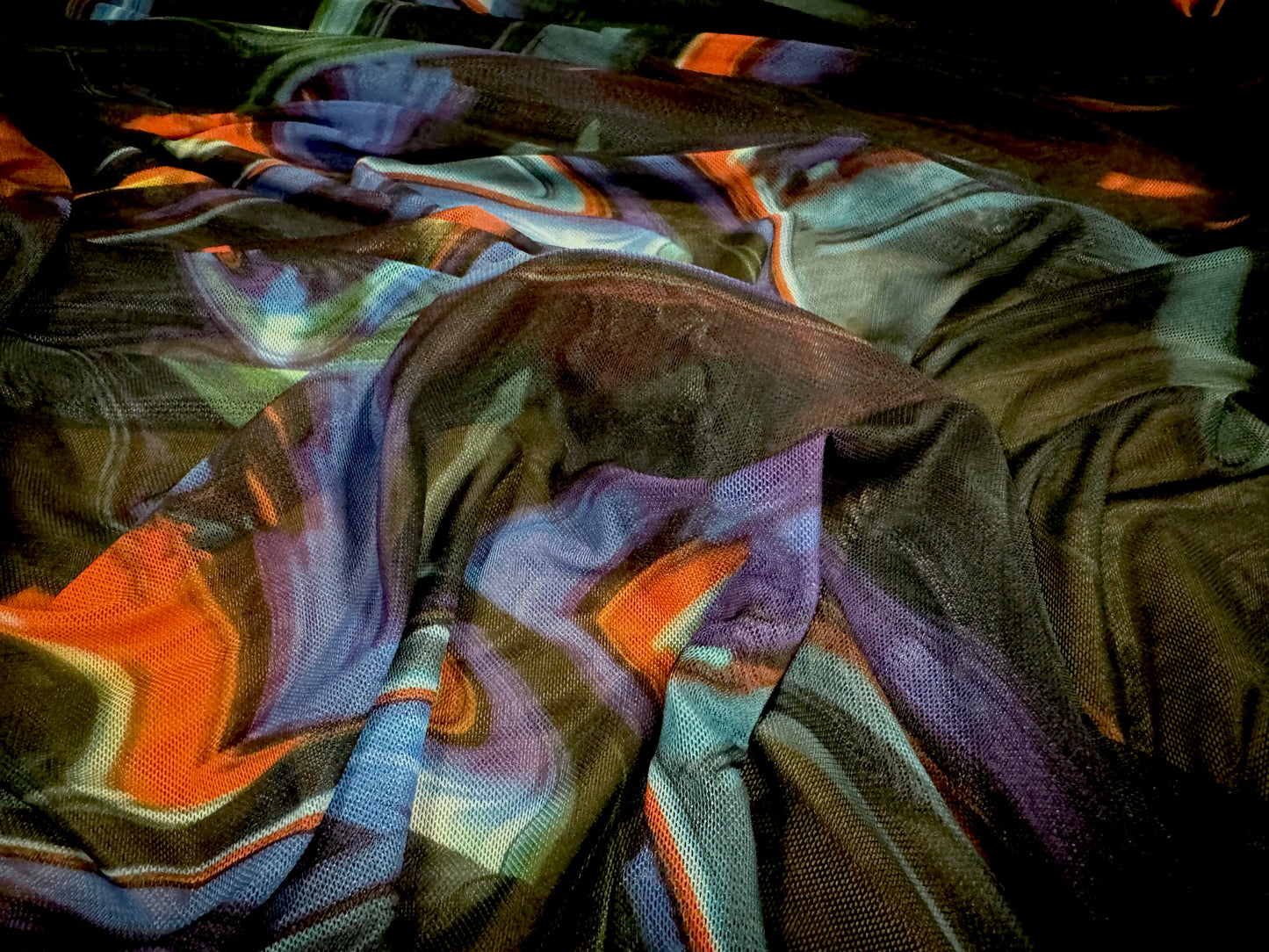 Power mesh net stretch spandex fabric, per metre - oil spill print - darkest teal