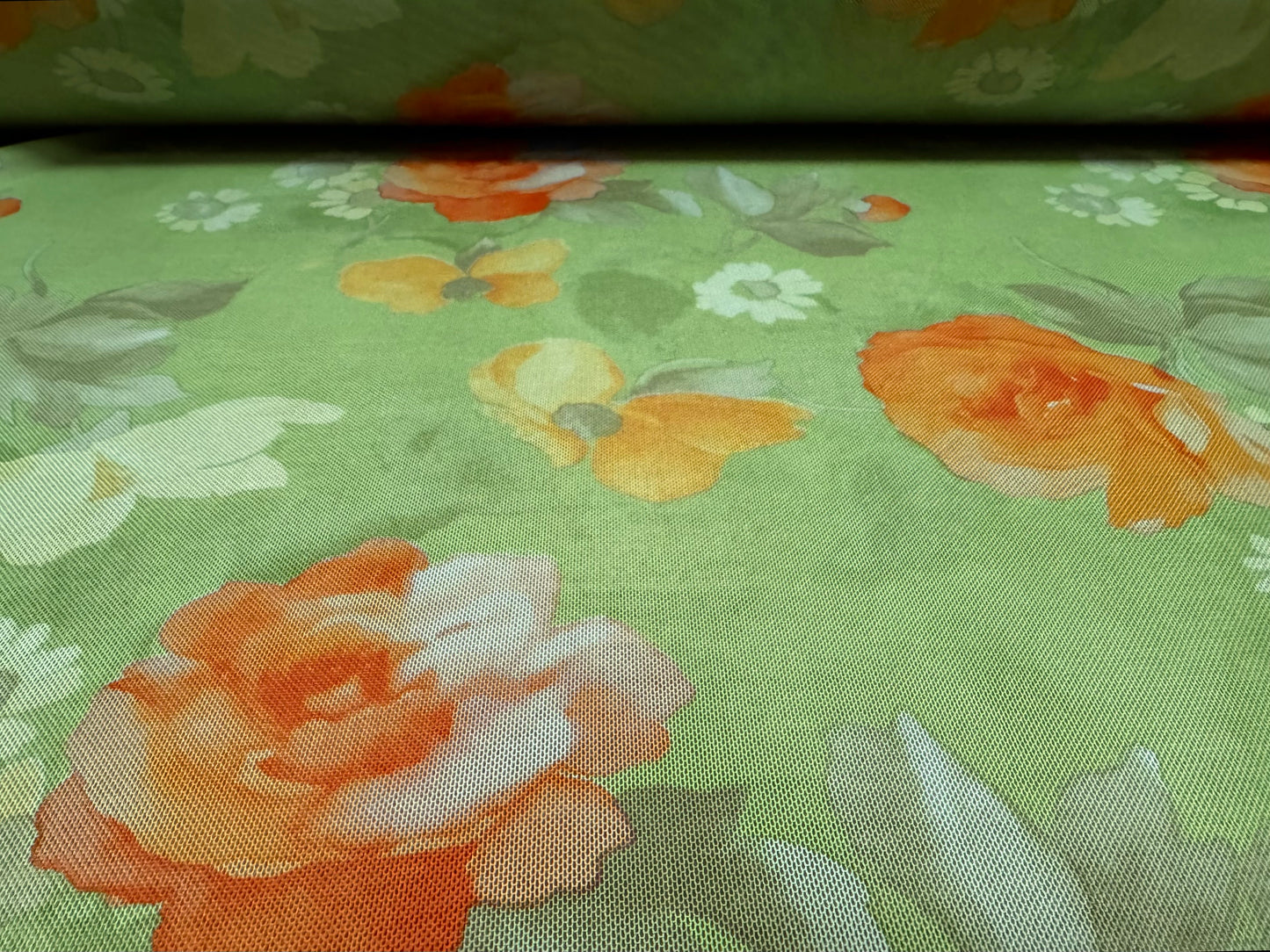Power mesh net stretch spandex fabric, per metre - roses print - green & orange
