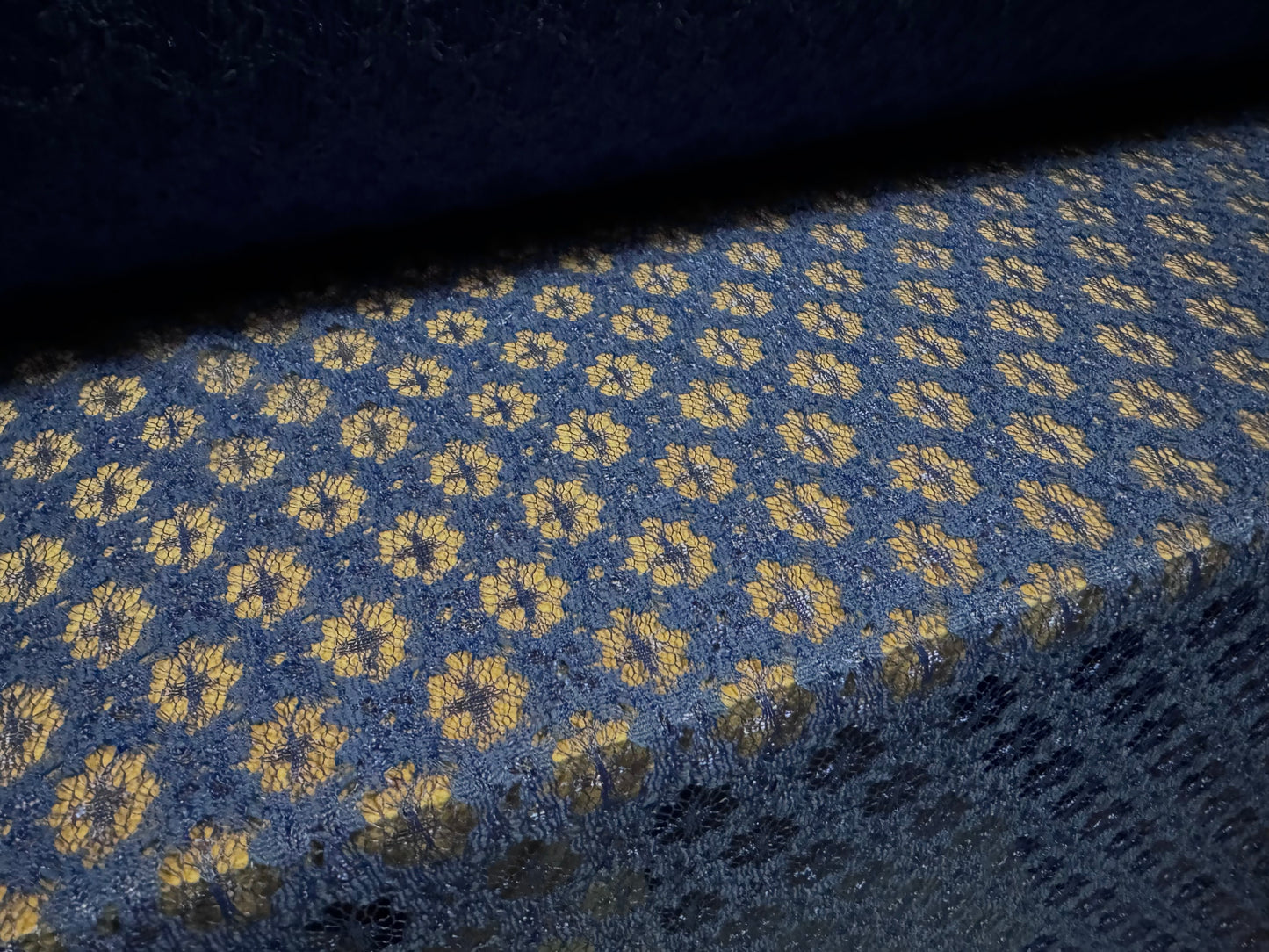 Crochet knit lace dress fabric, per metre - floral motif - blue