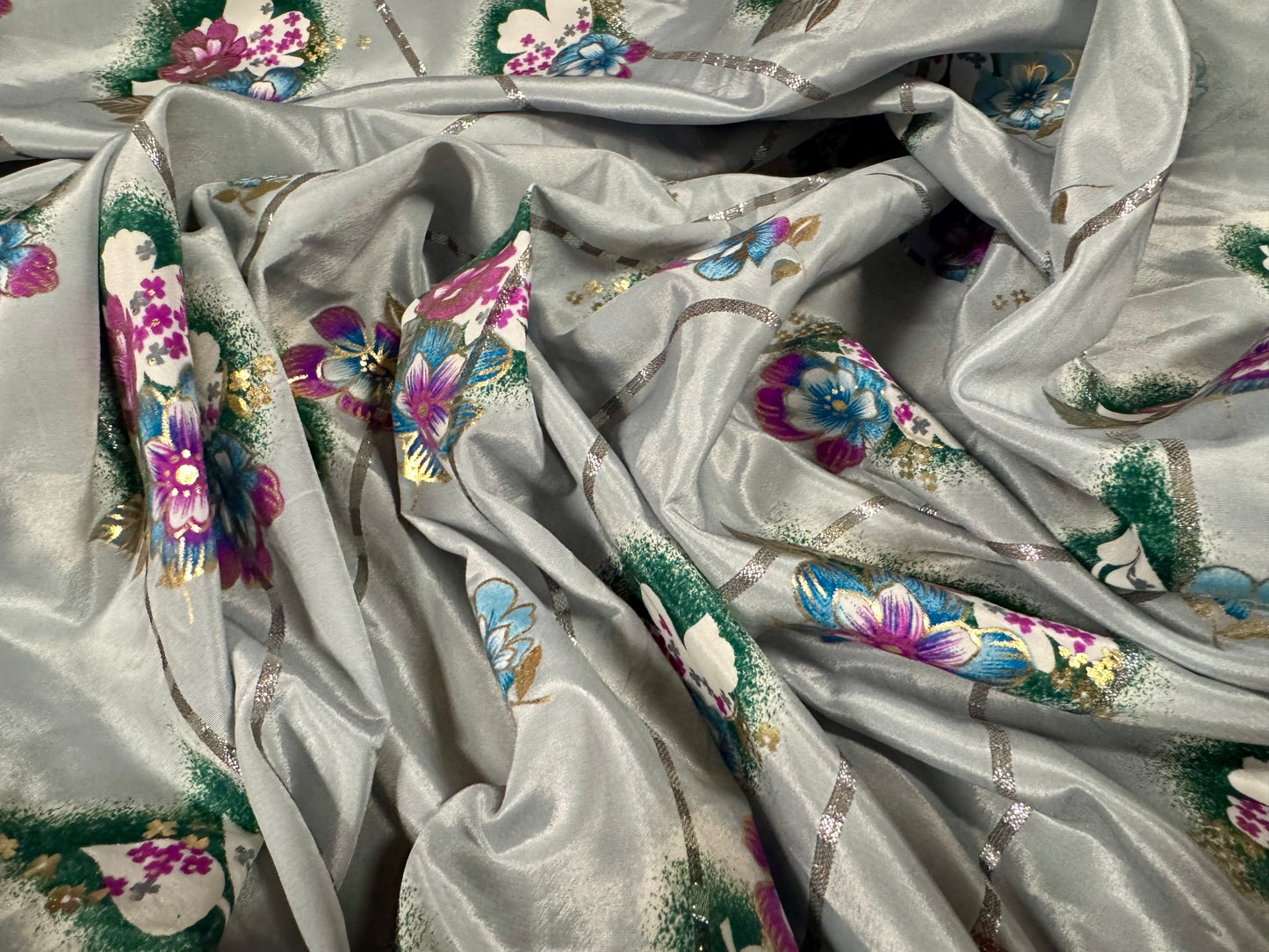Crepe de chine woven dress fabric, per metre - floral print with lurex metallic stripe - grey & magenta