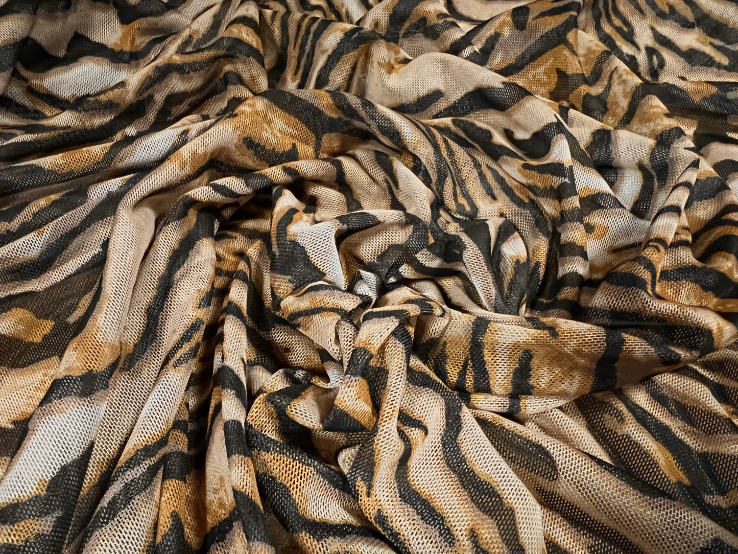 Power mesh net sheer stretch spandex fabric, per metre - tiger print - brown & stone