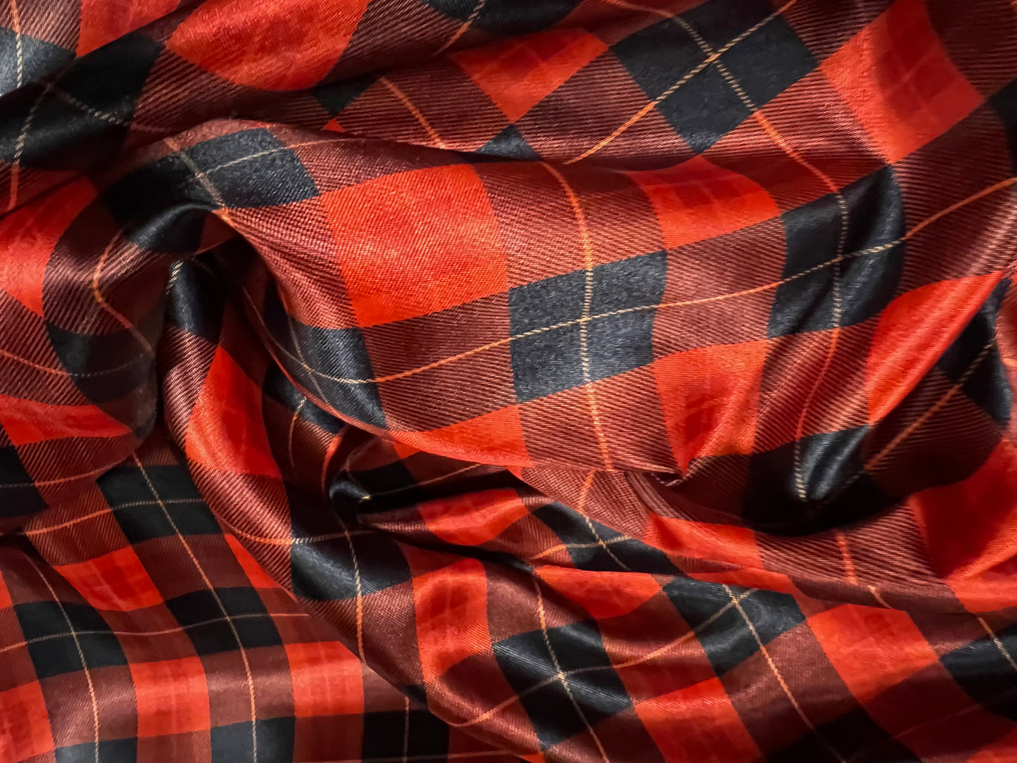 Silky Satin woven dress fabric, per metre - tartan check print - red & black