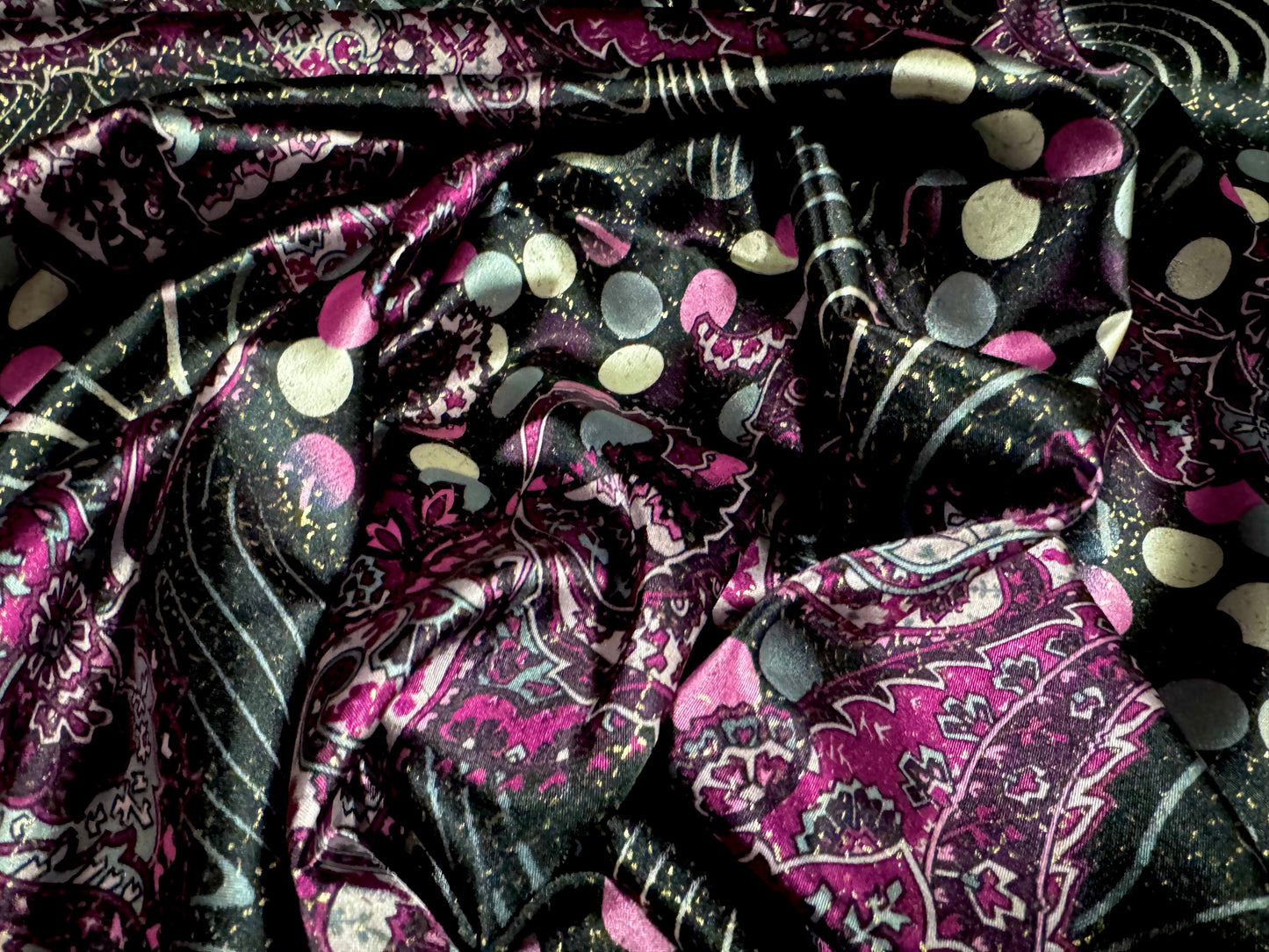 Silky Stretch charmeuse satin dress fabric, per metre - paisley swirl print - black & purple