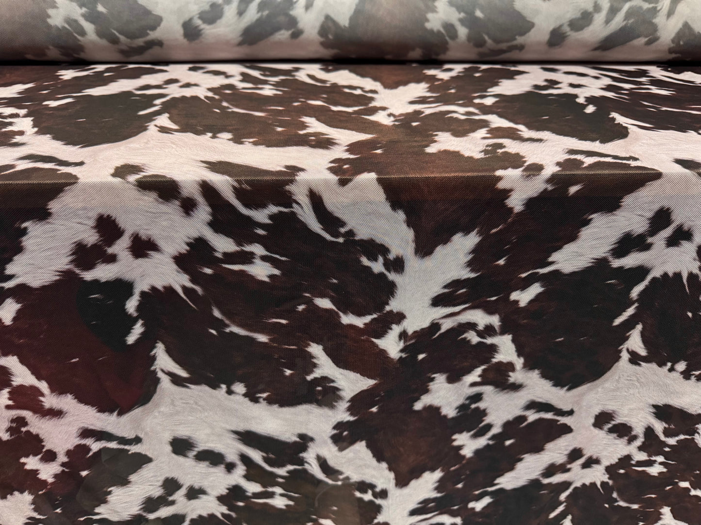 Power mesh net stretch spandex fabric, per metre - cow hide print - brown & pearl