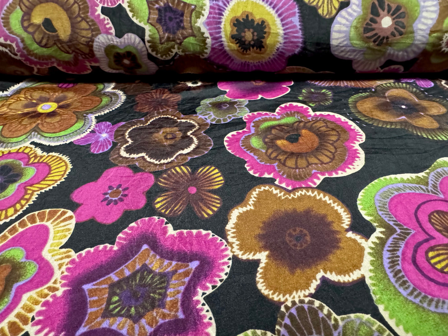 Taffeta faux silk fabric - retro flower print - magenta brown & black
