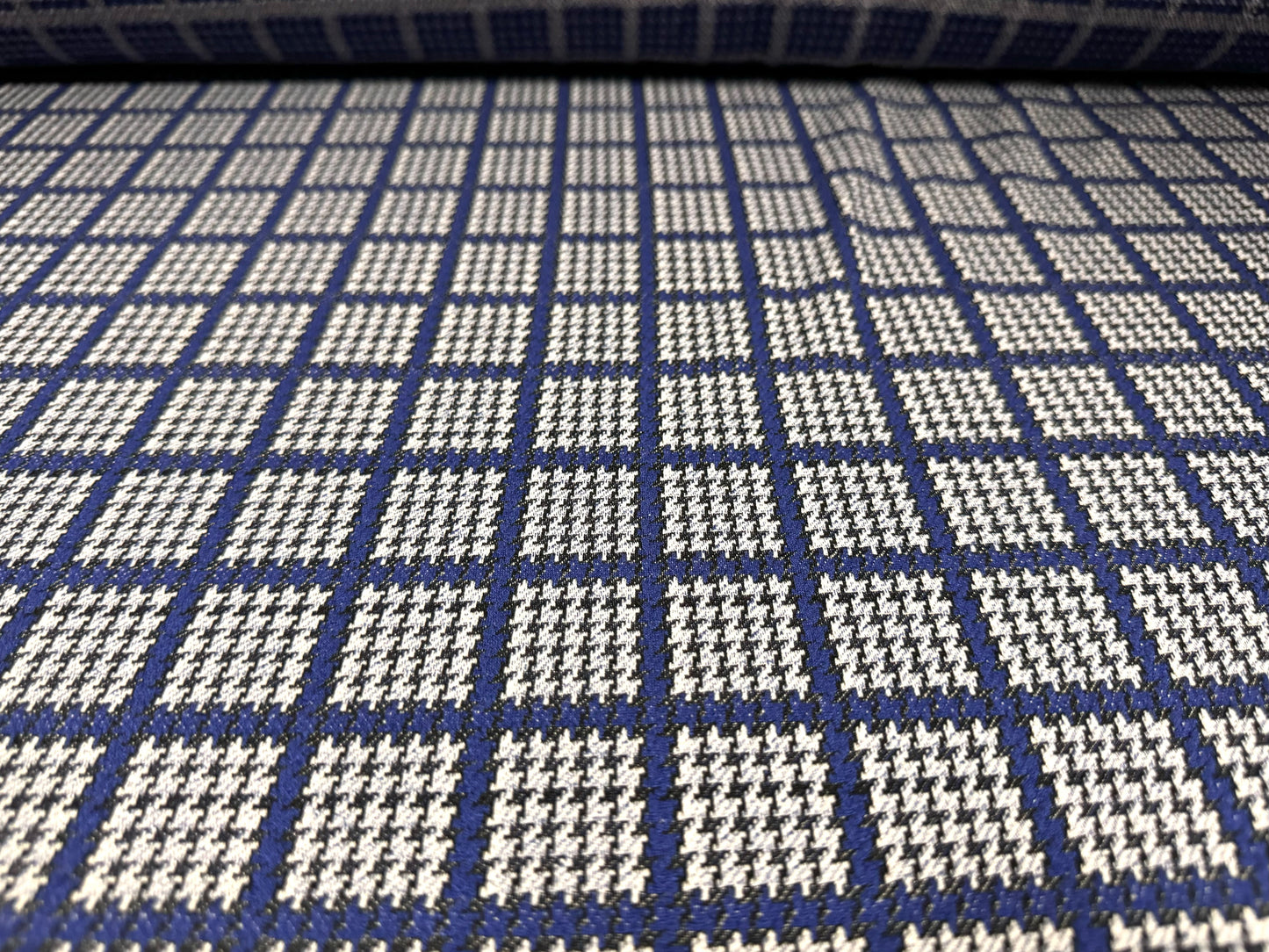 Stretch double jersey fabric, per metre - dogtooth check jacquard - blue