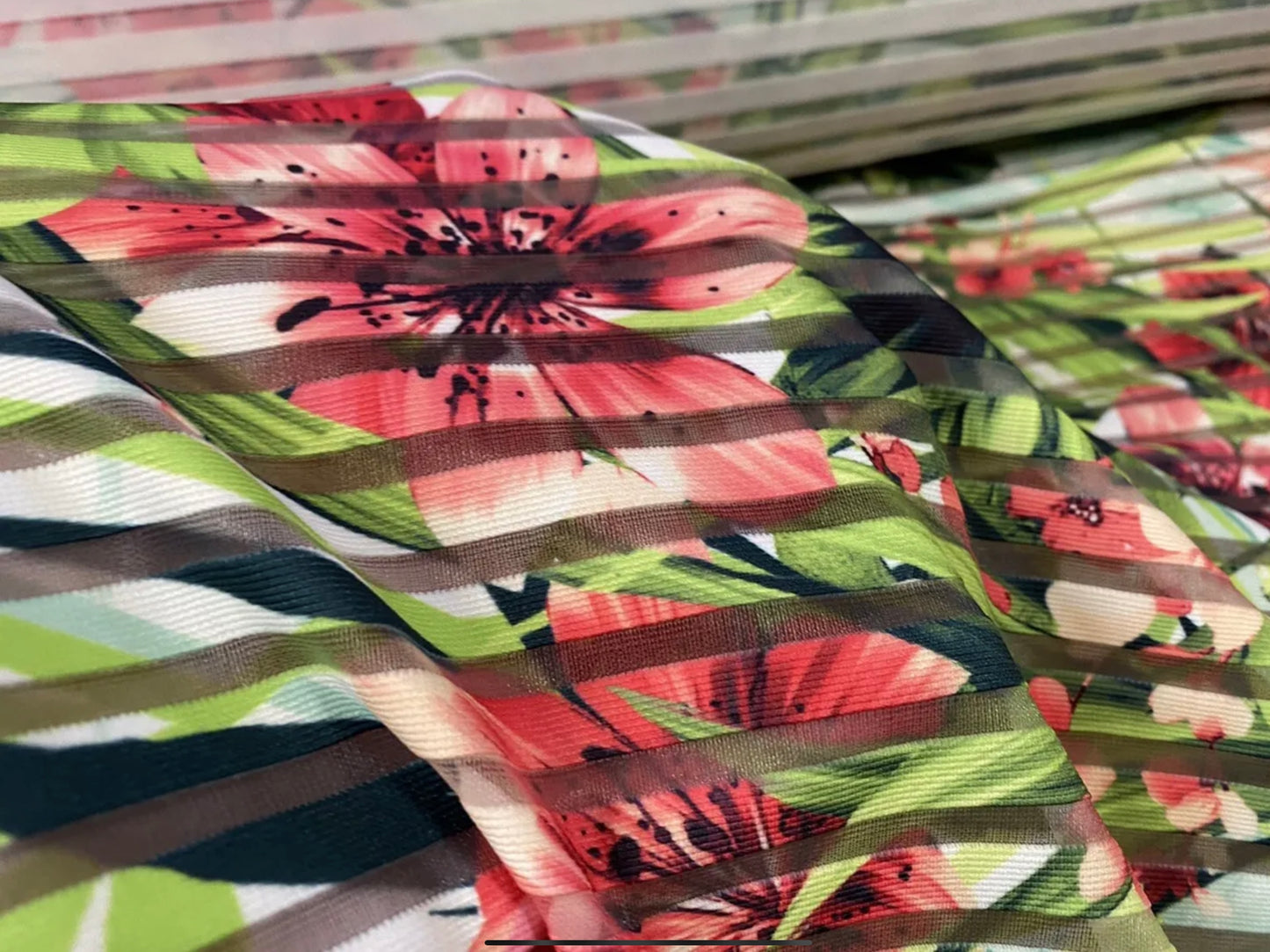 Ottoman rib burnout stripe jersey fabric , per metre - exotic flower print - multicolour