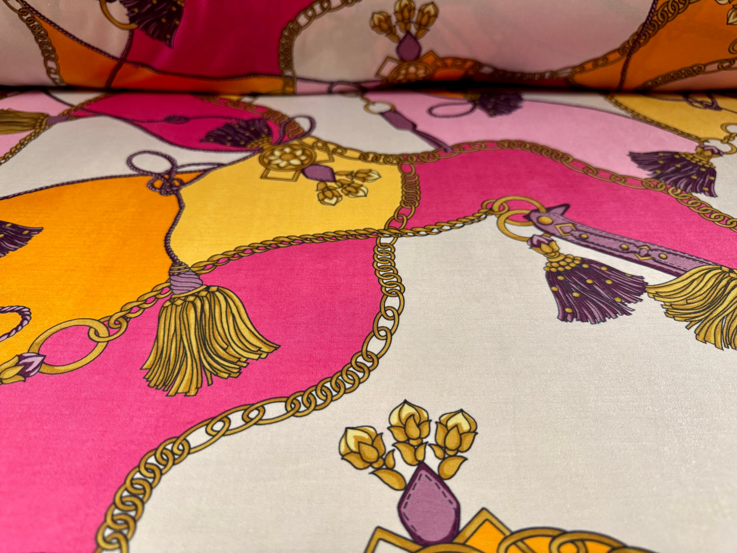 Soft touch stretch spandex single jersey fabric, per metre - tassels and chains print - pink gold & cream