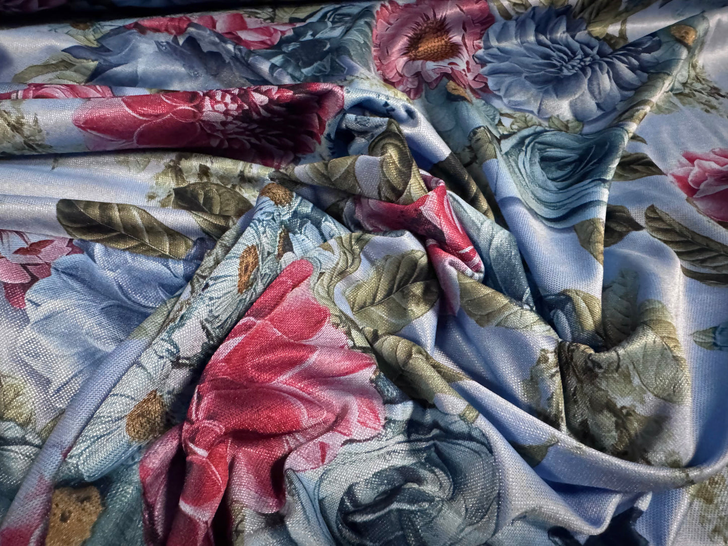 Single jersey fashion fabric, per metre - roses & carnations print - blue