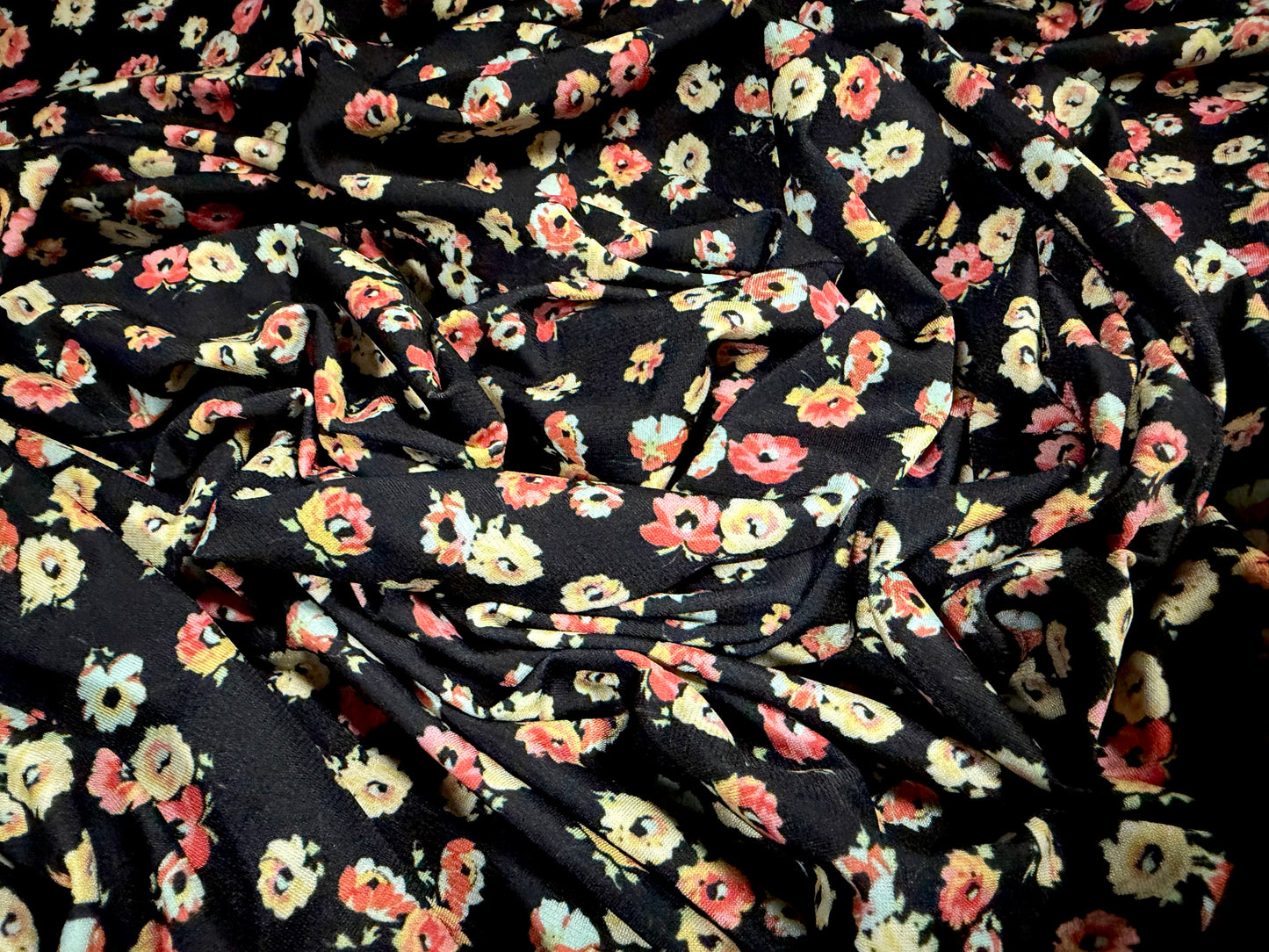 Stretch spandex jersey fabric, per metre - anemone flower print - black pink & lemon