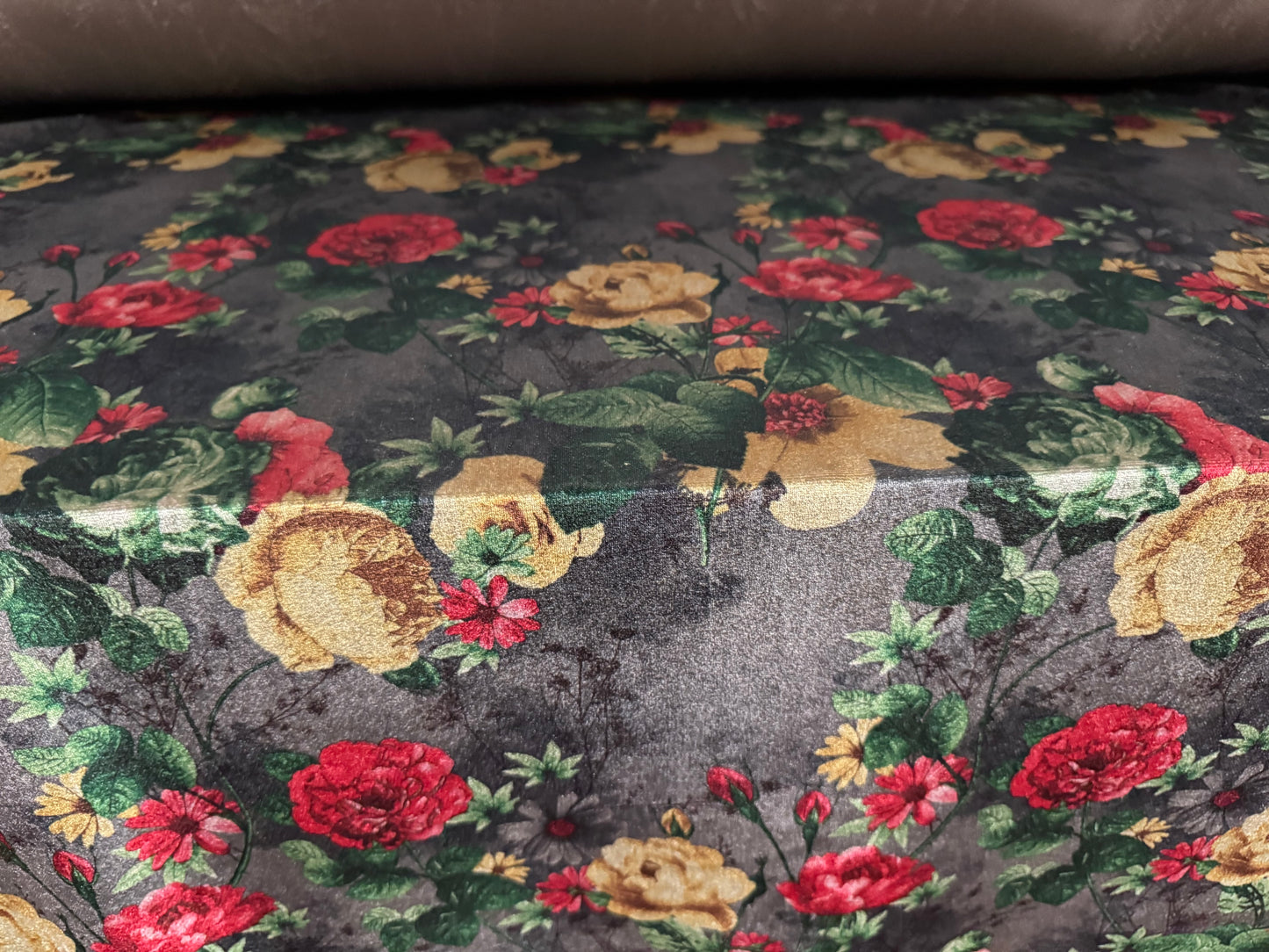 Spandex velvet stretch dress fabric, per metre - roses print - dark grey gold & red