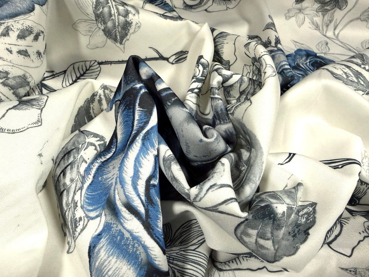 Scuba stretch double jersey fashion fabric, per metre - rose print - ivory grey & blue