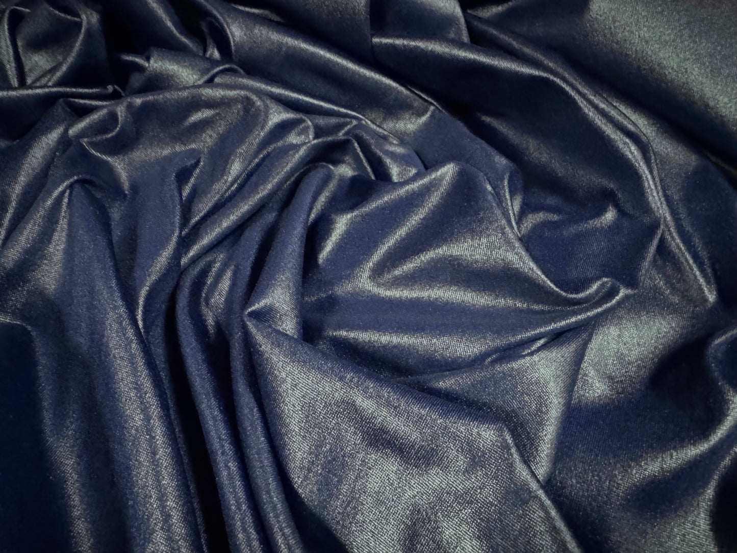 P.U. coated stretch spandex ciré wet look jersey fabric, per metre - plain - navy blue