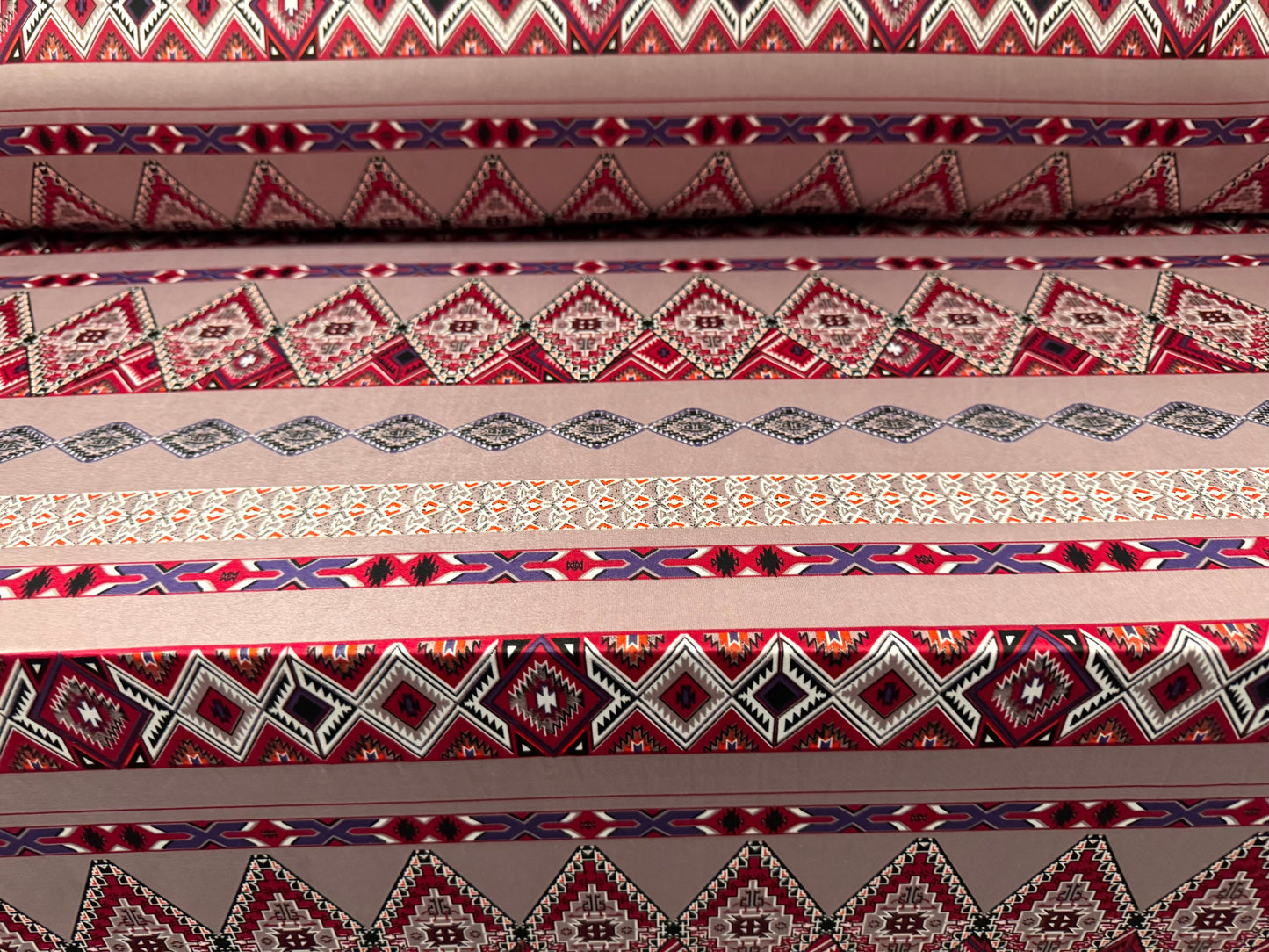 Soft touch stretch spandex jersey fabric, per metre - Aztec Inca print - dusky pink & Fuschia