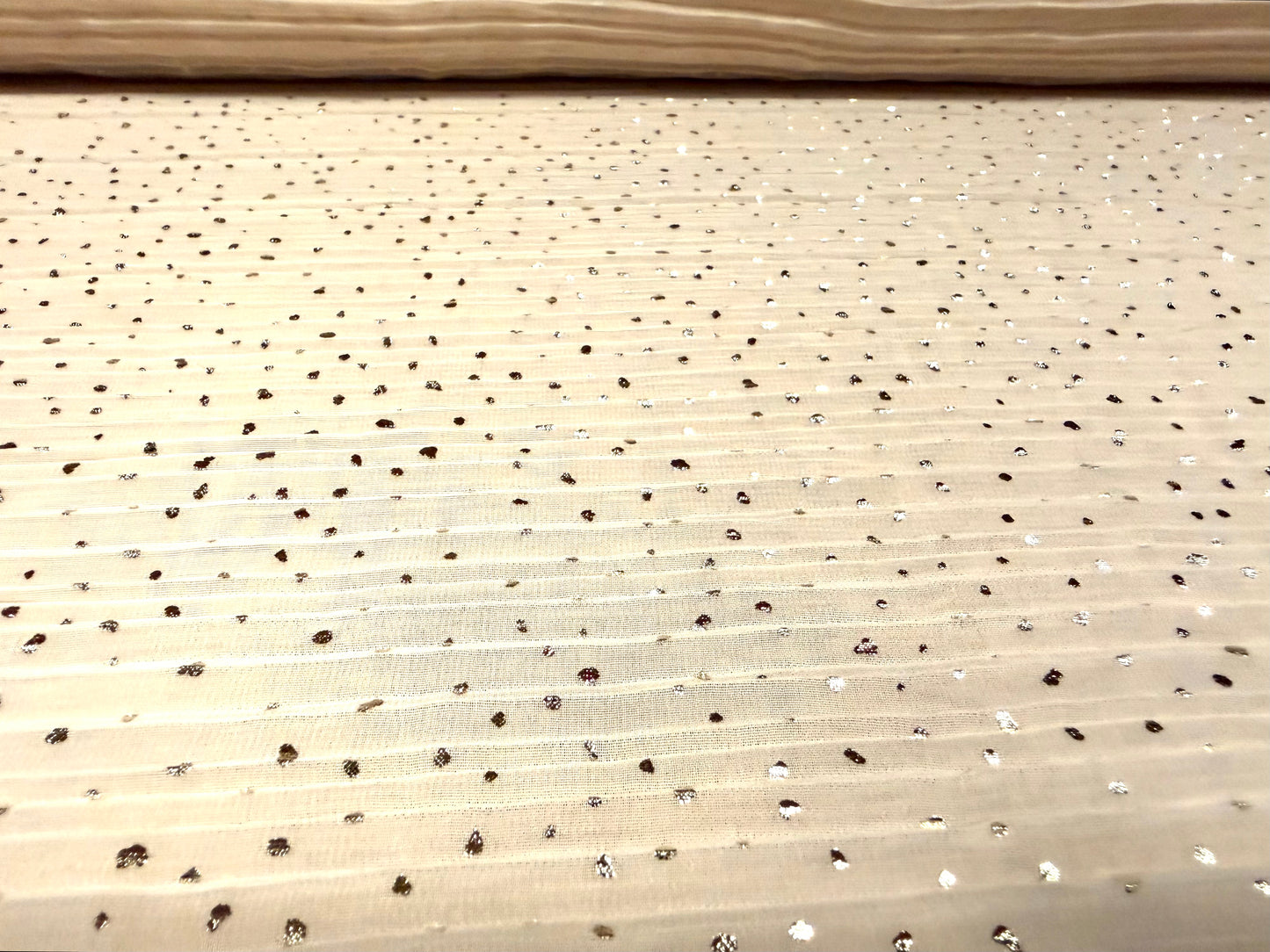 Metallic plissé pleated chiffon fabric, per metre - oyster with gold foil fleck print