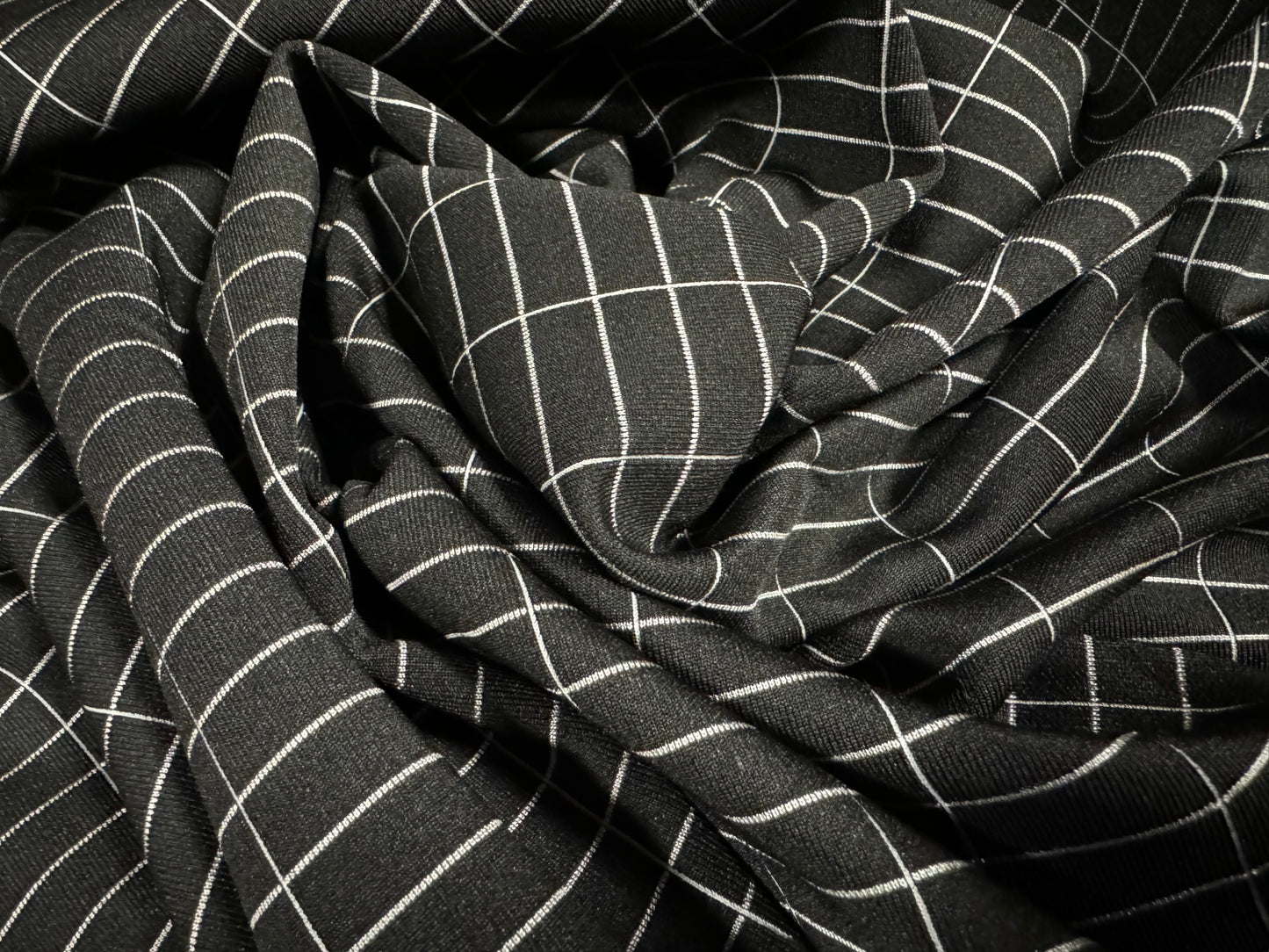 Stretch spandex double jersey knit fabric, per metre - geometric check - black & white