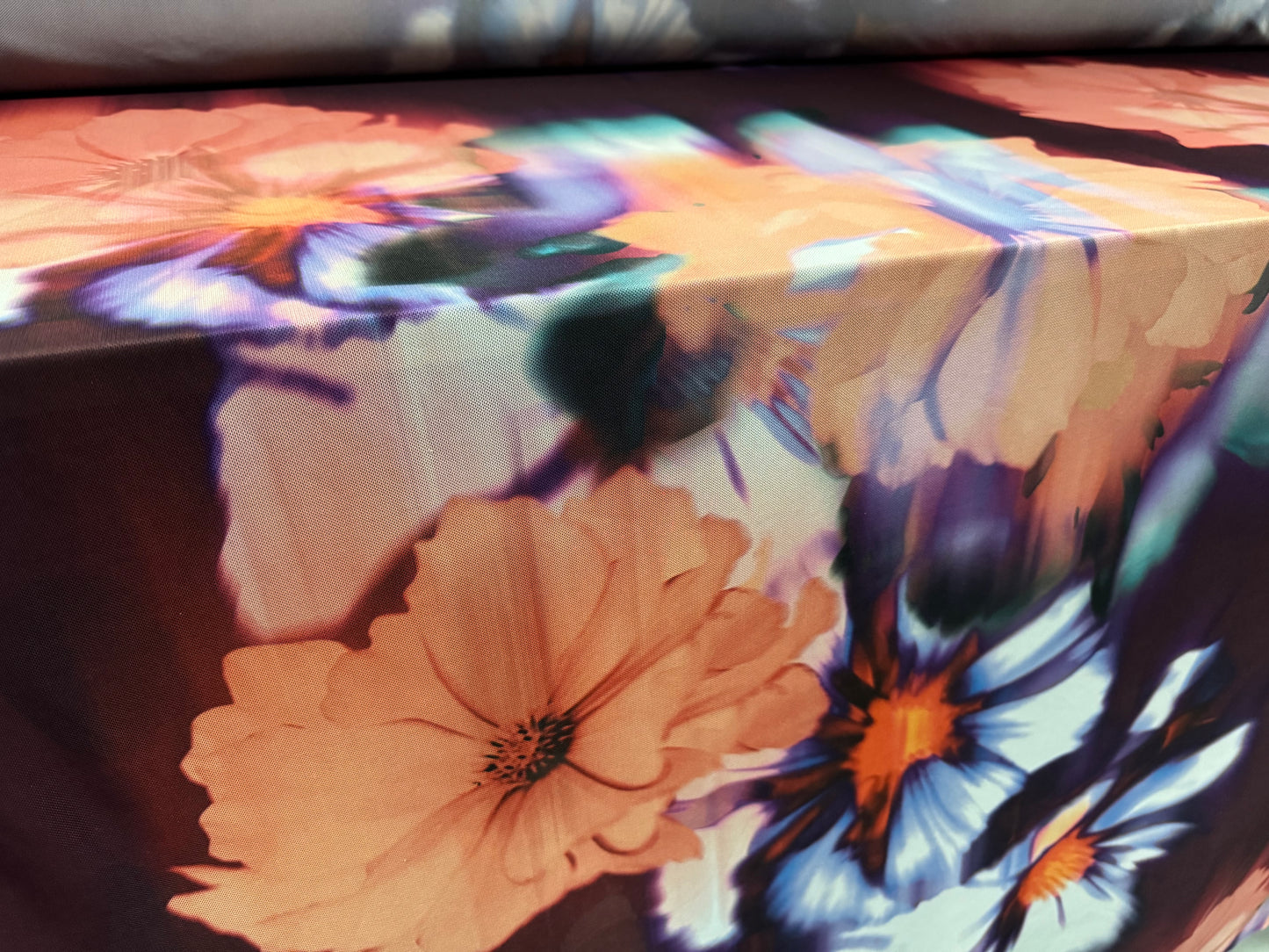 Power mesh net stretch spandex fabric, per metre - smudge flower print - aubergine & peach